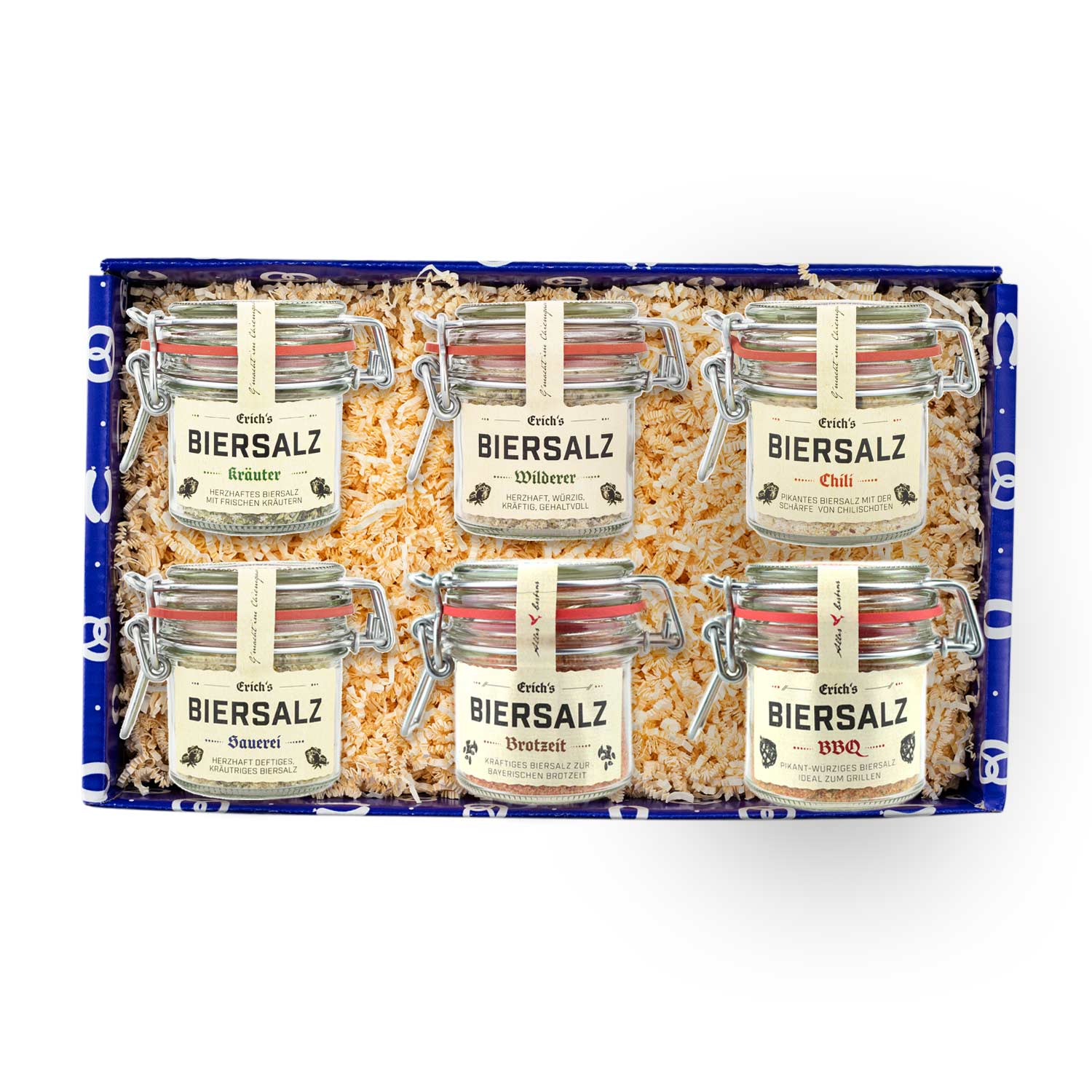 Geschenkbox mit sechs Gläsern Erichs Biersalz, diversen Sorten wie Kräuter, Chili und BBQ für vielseitigen Genuss.