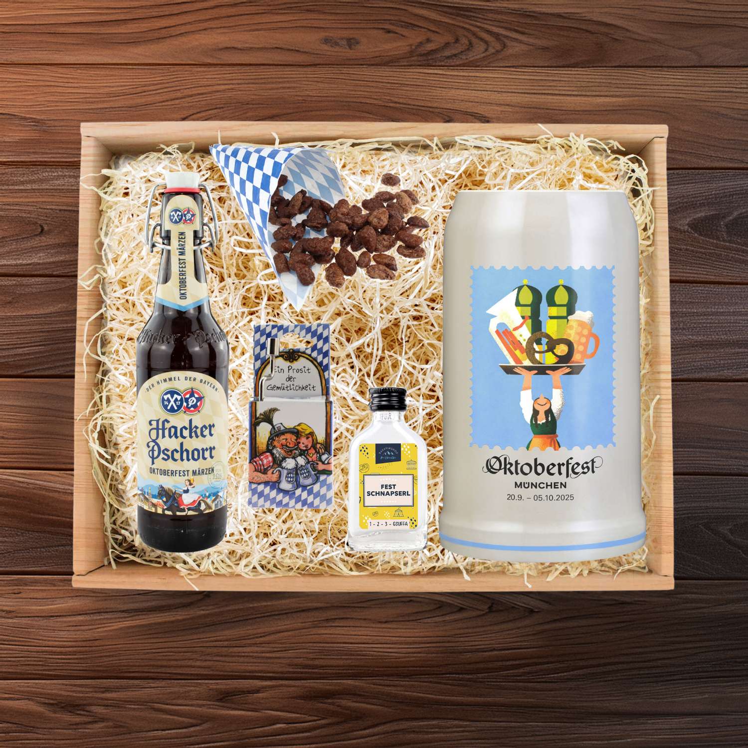 Oktoberfest-Box Wiesnkrug, Bier und mehr in Holzkiste mit Hacker Pschorr Märzen, Schnaps, Mandeln, Wiesnkrug.