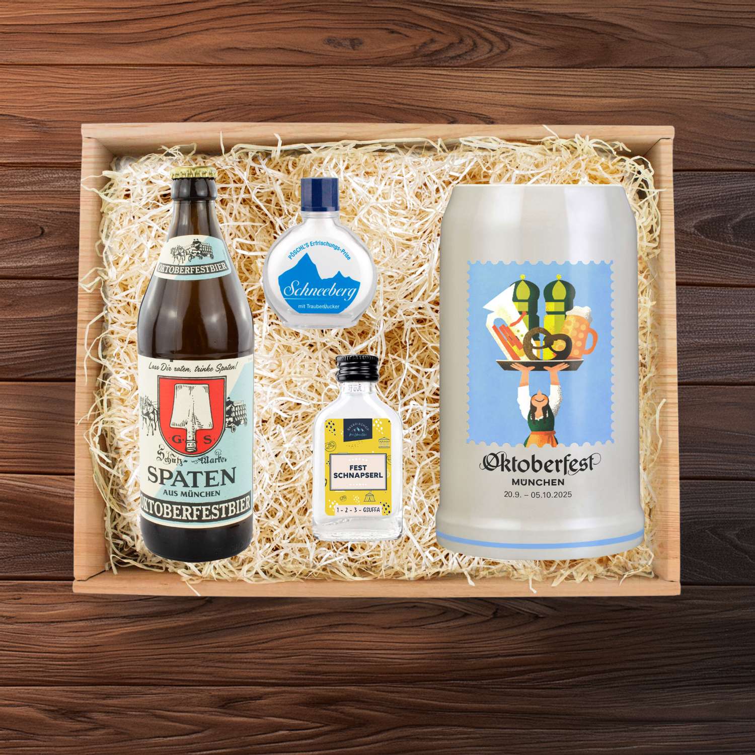 Oktoberfest-Box mit offiziellem Wiesnkrug, Spaten Oktoberfestbier, Fest Schnapserl und Schneeberg Schnupftabak.