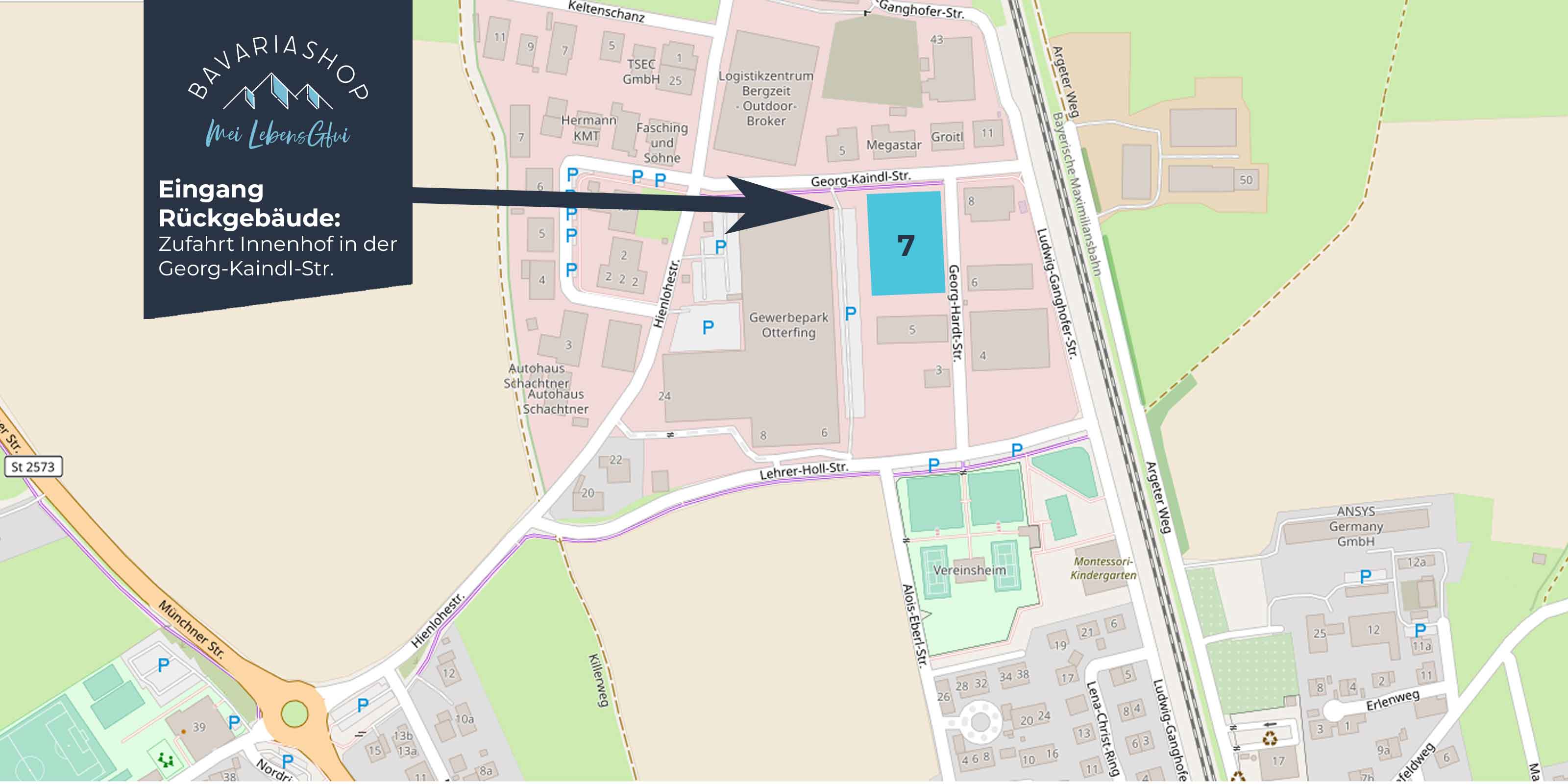 Anfahrtsbeschreibung auf einer Karte mit blau hervorgehobenem Eingang in der Georg-Kaindl-Str., Otterfing.