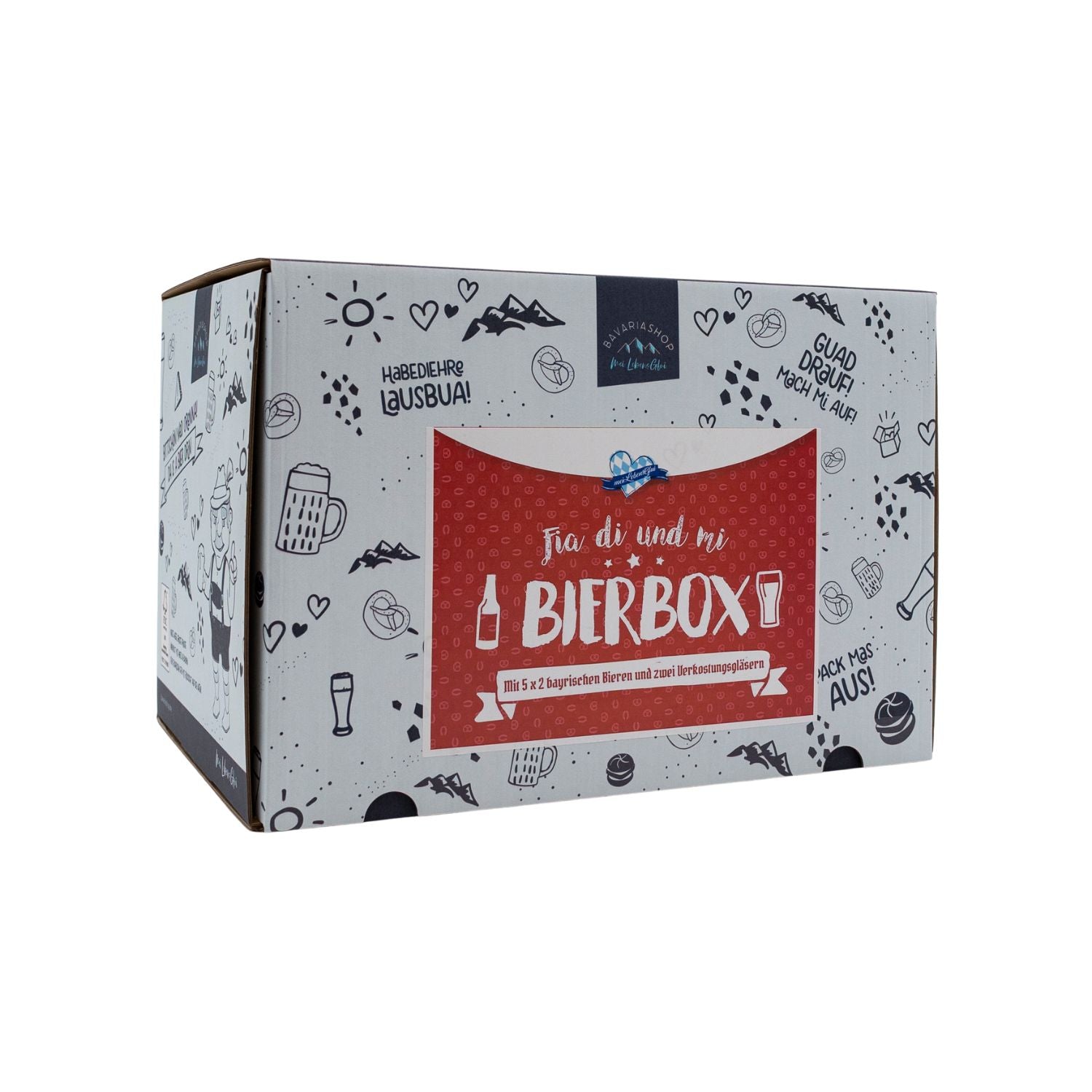 Bier-Box "Fia di und mi" mit bayerischen Motiven und Aufschrift, ideal als Geschenk für Bierliebhaber.