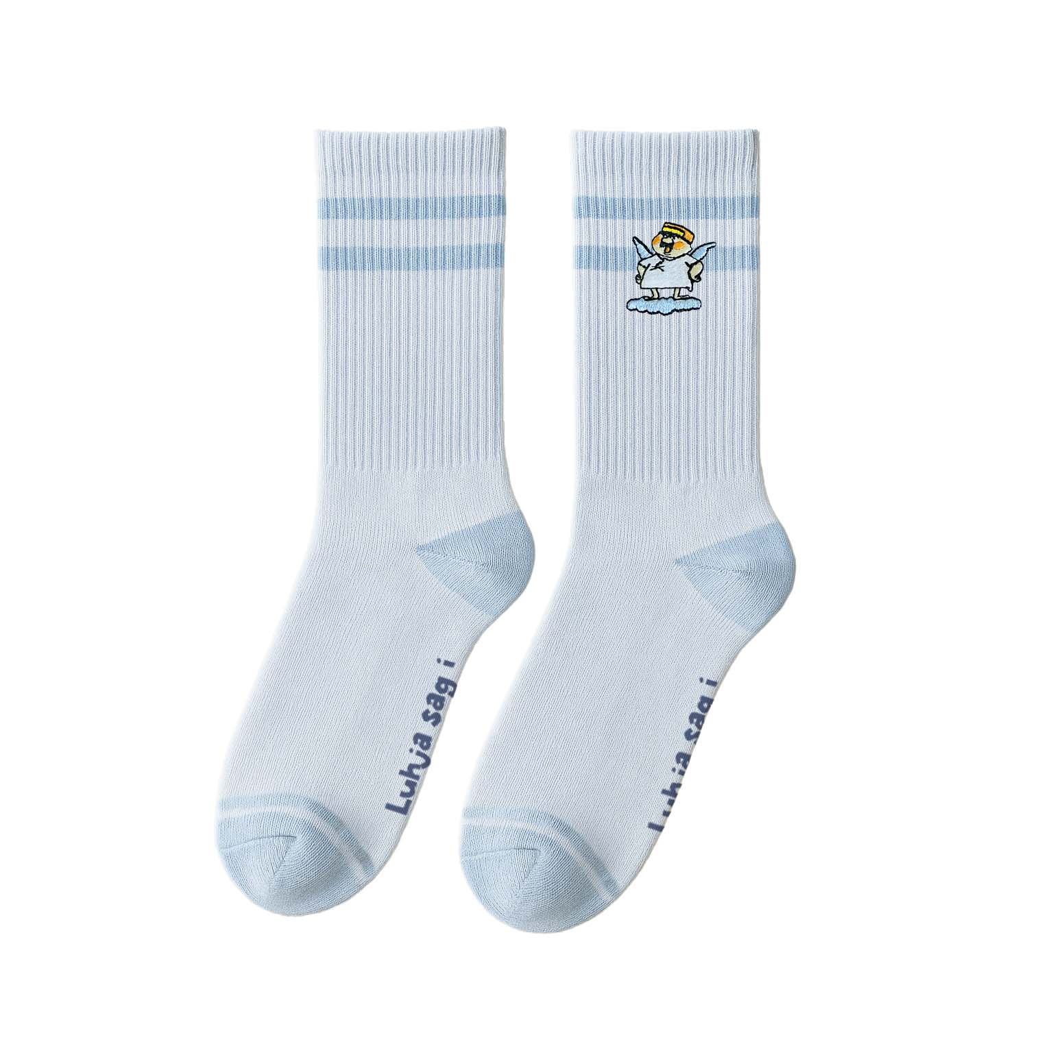 Engel Aloisius Sportsocken Luhja sag i in Hellblau mit zwei Streifen und Engeldruck am oberen Rand