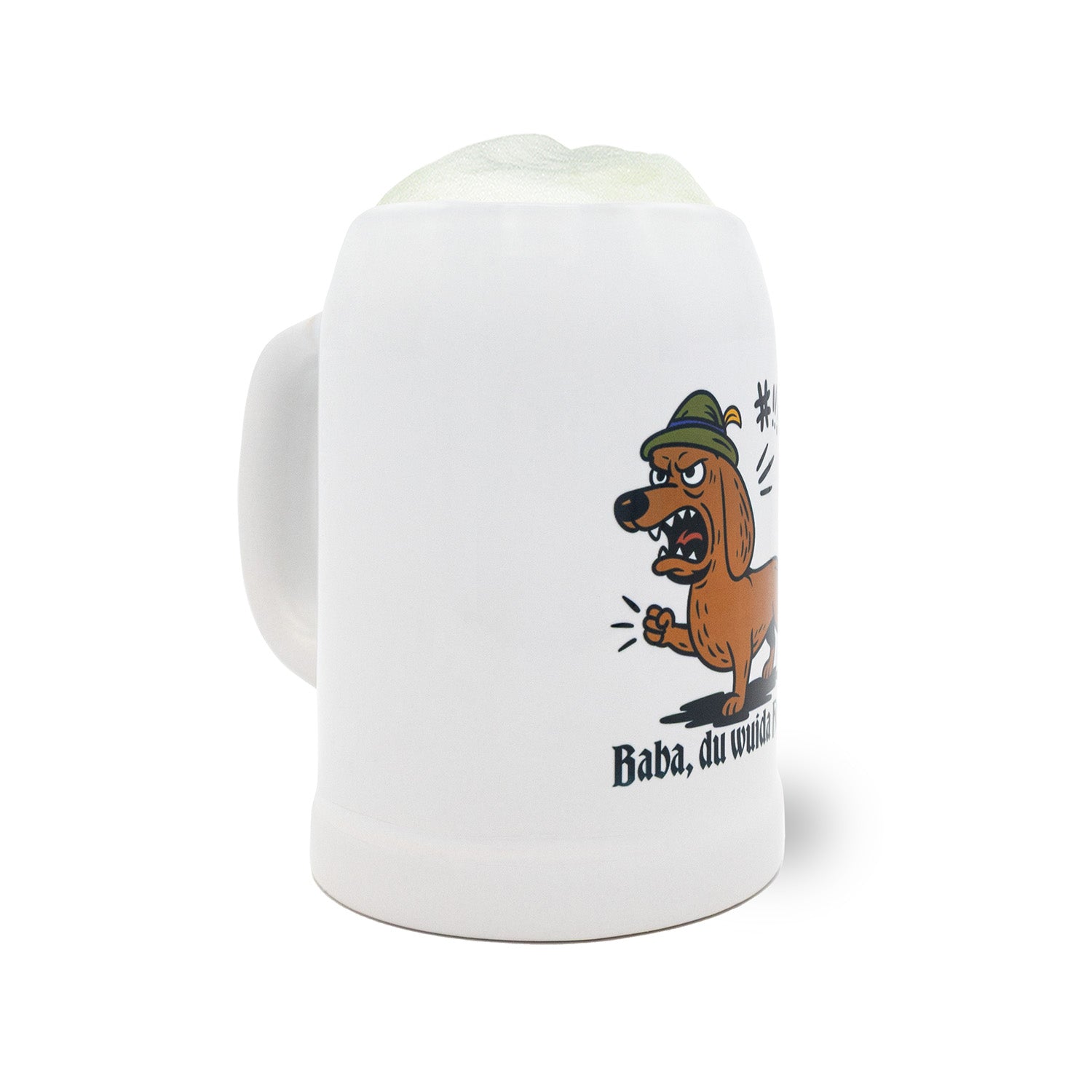 Bierkrug Baba, du wuida Hund, weiß mit Comic-Dackel in Trachtenhut und Aufschrift.