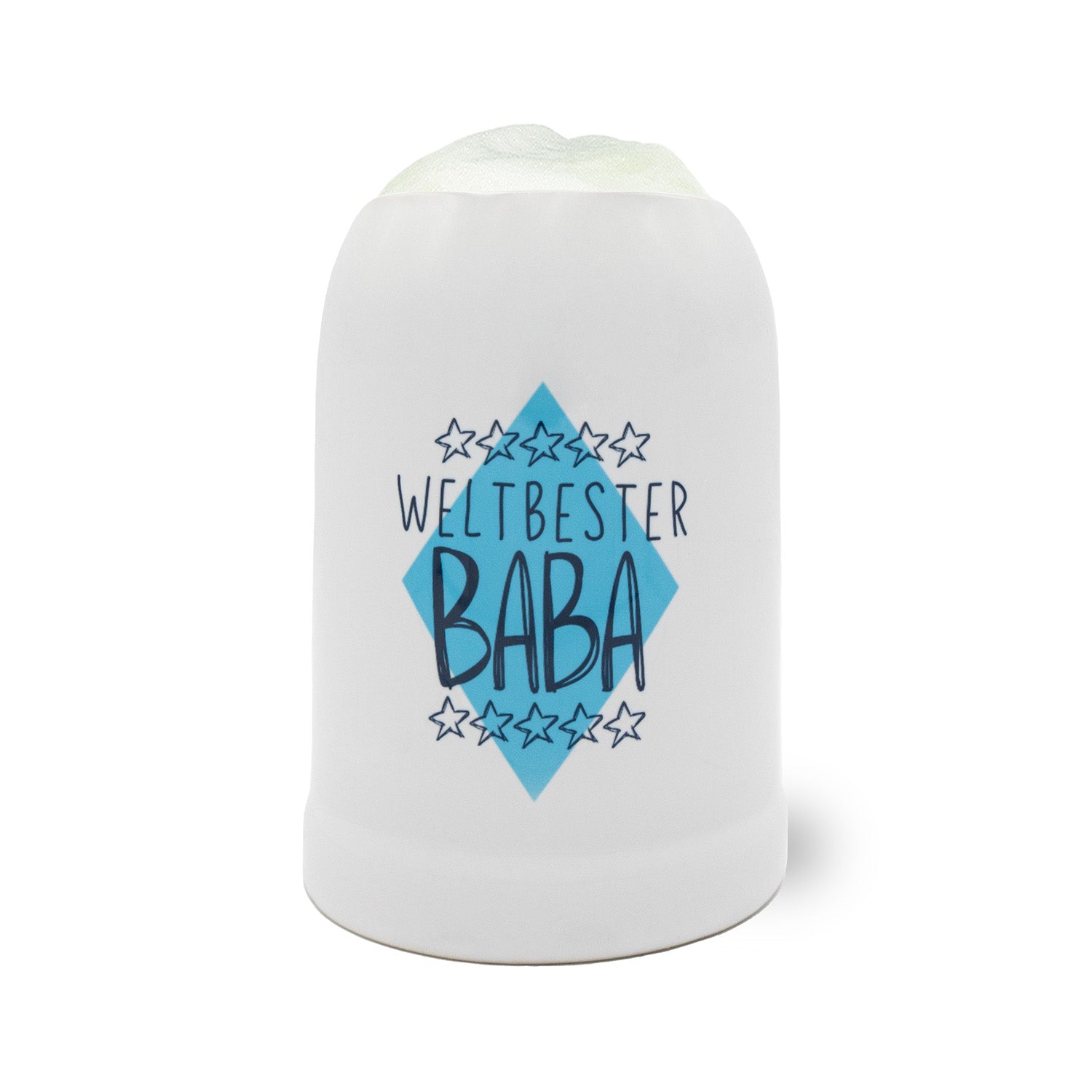 Weißer Bierkrug Weltbester Baba mit blauem Hintergrundelement und Sternen für Vatertag oder Geburtstag.