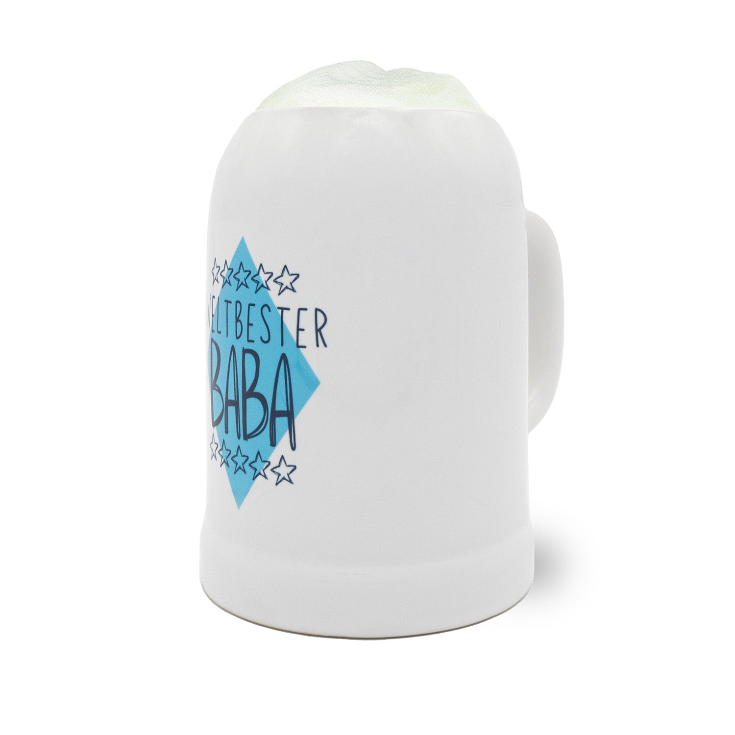 Weißer Bierkrug Weltbester Baba mit blauem Schriftzug und Sternen, gefüllt mit Schaum, Geschenk für Väter.