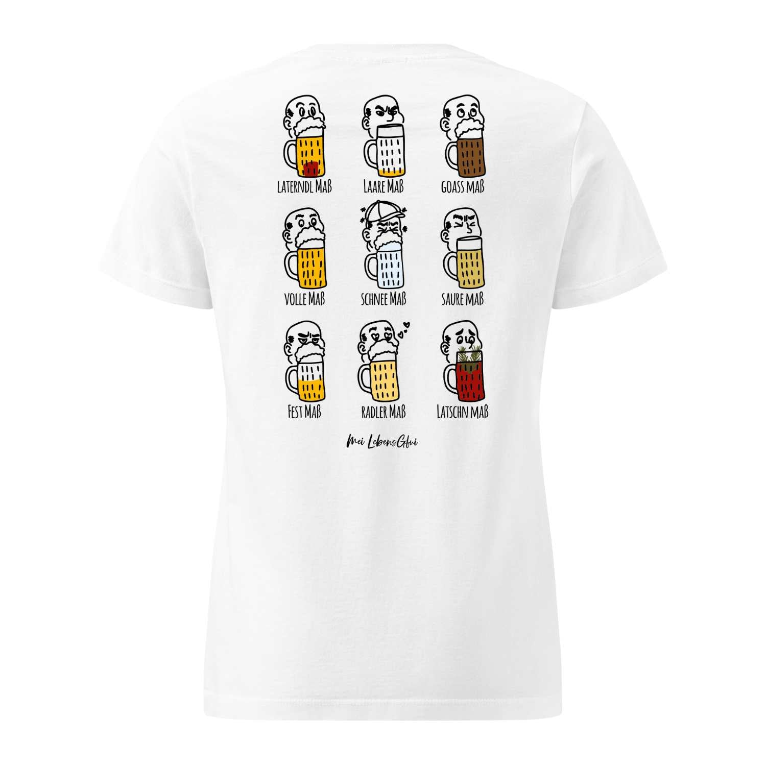Damen Rezept T-Shirt "Pack Maß" weiß mit Comic-Maßkrug-Motiven und bayerischen Bier-Regeln.