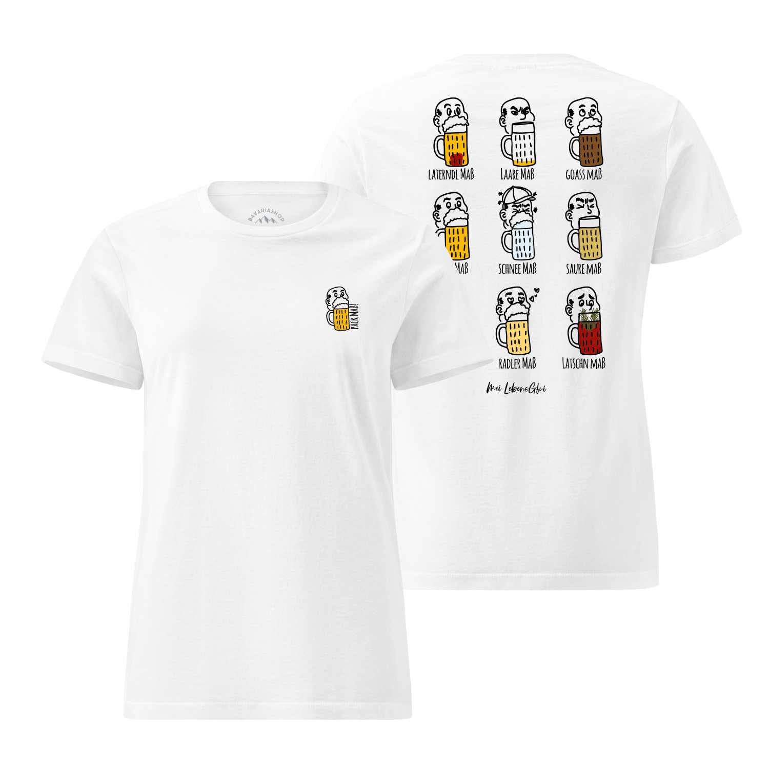 Weißes Damen Rezept T-Shirt Pack Maß mit kleinem Krug-Design vorne und verschiedenen großen Rezeptkrügen auf dem Rücken.
