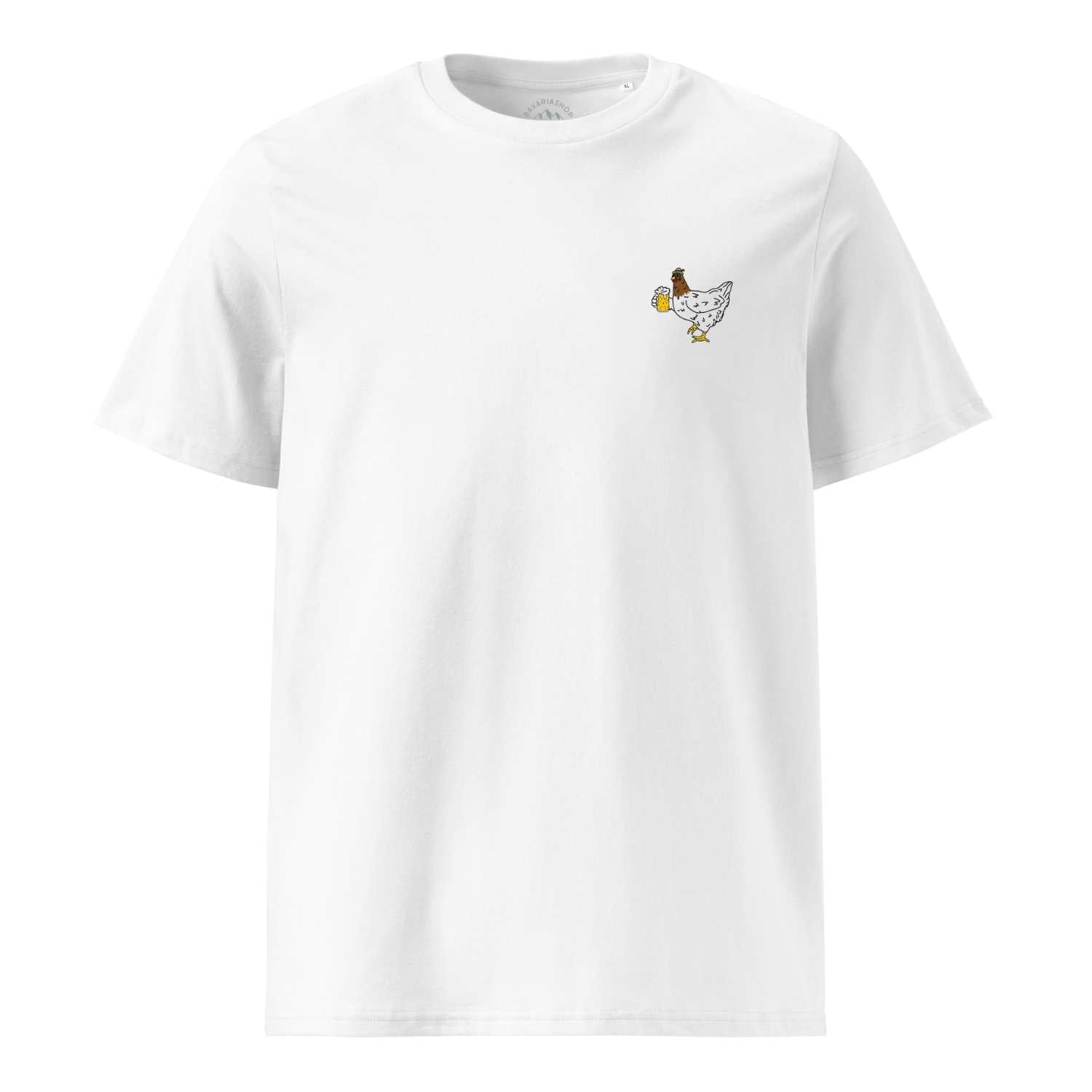 Weißes Herren Rezept T-Shirt "Bierhendl" mit lustigem Hühnchen-Motiv und Bierkrug auf der Brust.