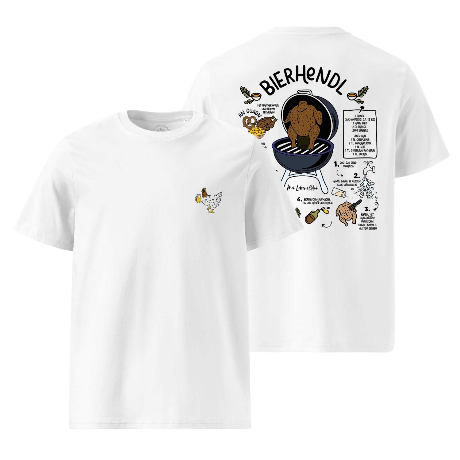 Weißes Herren Rezept T-Shirt "Bierhendl" mit bayerischer Bierhähnchen-Rezeptur und Huhn-Motiv auf der Brust.