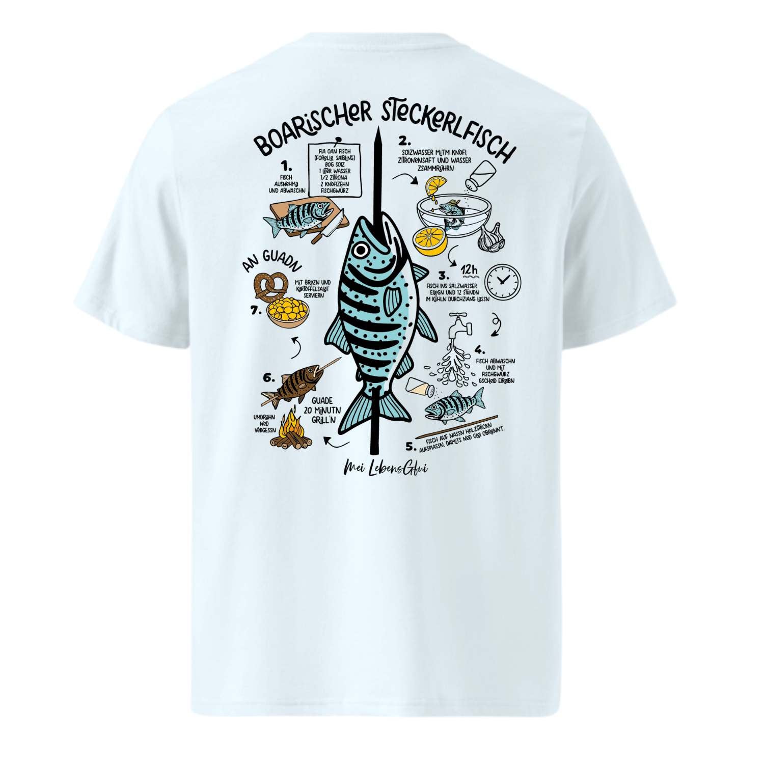 Herren T-Shirt Boarischer Steckerlfisch mit weißem Stoff und detaillierter, blauer Kochanleitung auf dem Rücken.