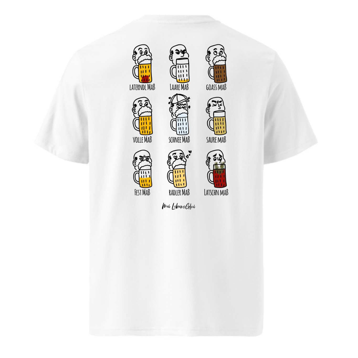 Herren Bier T-Shirt "Pack Maß" mit neun einzigartigen, lustigen Illustrationen von Bierkrügen und ihren Namen, humorvoll dargestellt.