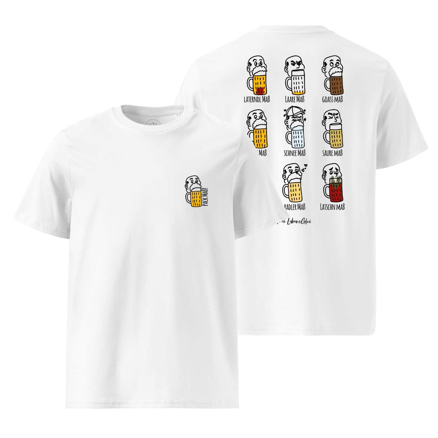 Herren Bier T-Shirt Pack Maß weiß mit lustigen Bierkrug-Illustrationen und Text auf Vorder- und Rückseite.
