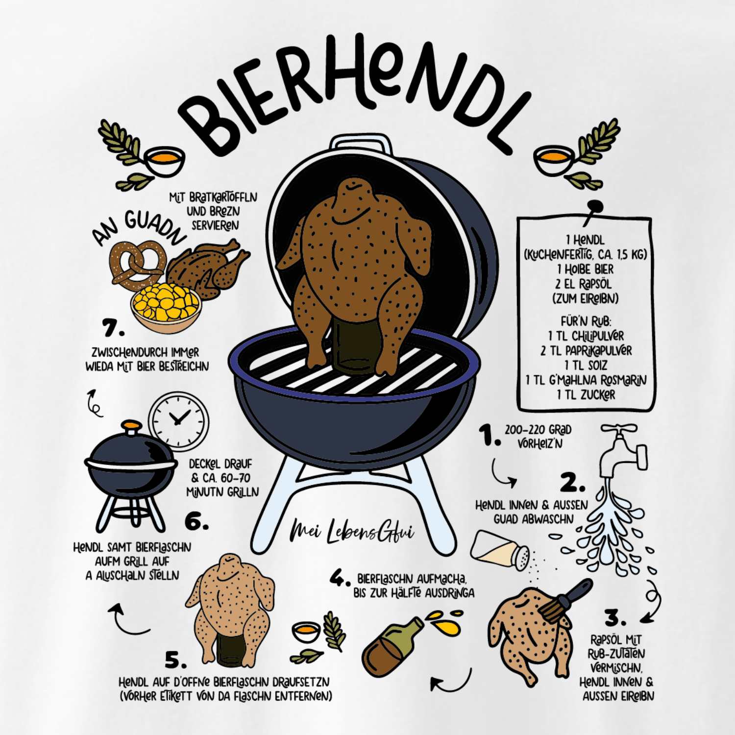 Herren Rezept T-Shirt "Bierhendl" mit detaillierter Anleitung zur Zubereitung eines bayerischen Bierhähnchens auf dem Grill.