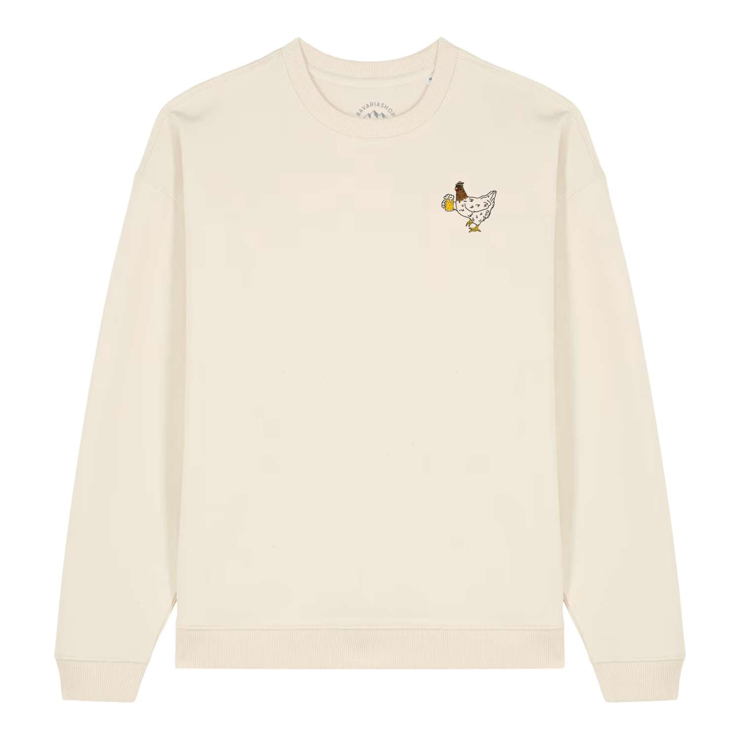 Weißer Herren Rezept Pullover Bierhendl mit gesticktem Huhn, das ein Bierglas hält, gemütliche Passform.