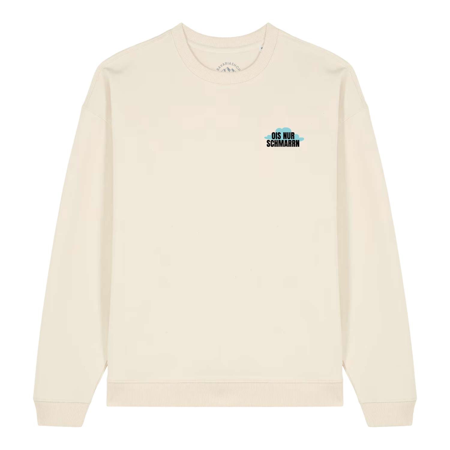 Cremefarbener Herren Rezept Pullover Kaiserschmarrn Gang mit blauem "Ois nur Schmarren" Aufdruck und Rippbündchen.