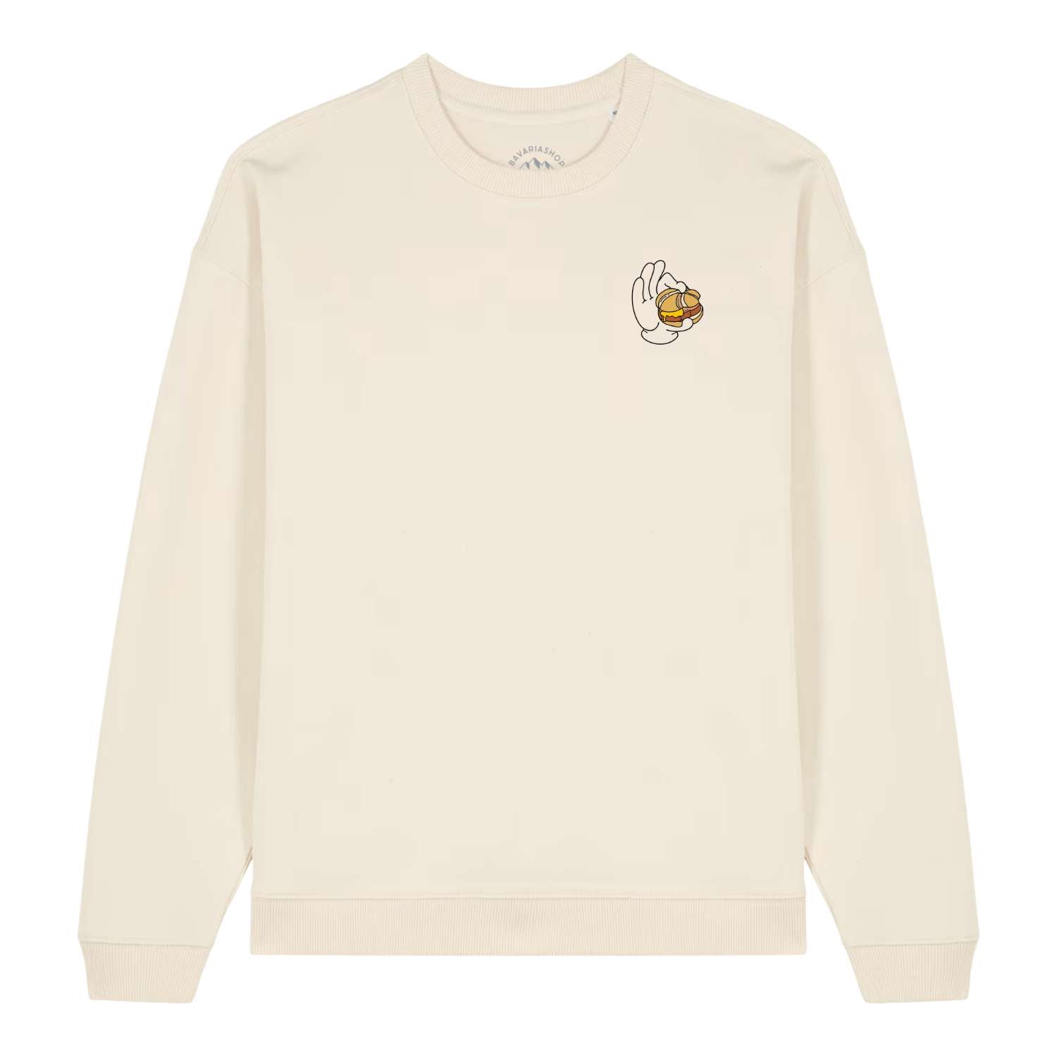 Eleganter Herren Rezept Pullover Lewakaas in Creme mit Leberkäse-Grafik und langen Ärmeln.