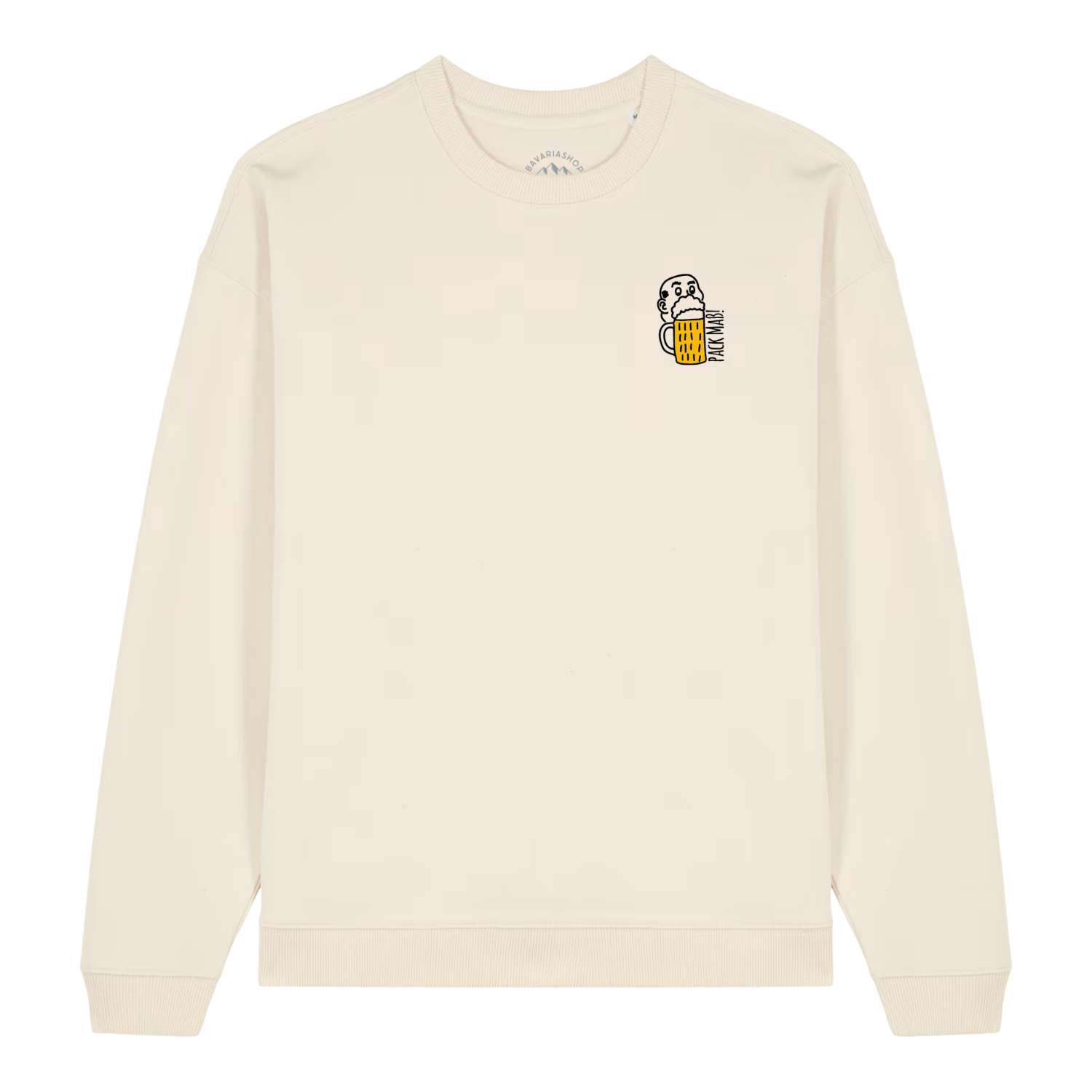Cremefarbener Herren Rezept Pullover Pack Maß mit Biertrinker-Karikatur und bayerischem Spruch auf der Brust.
