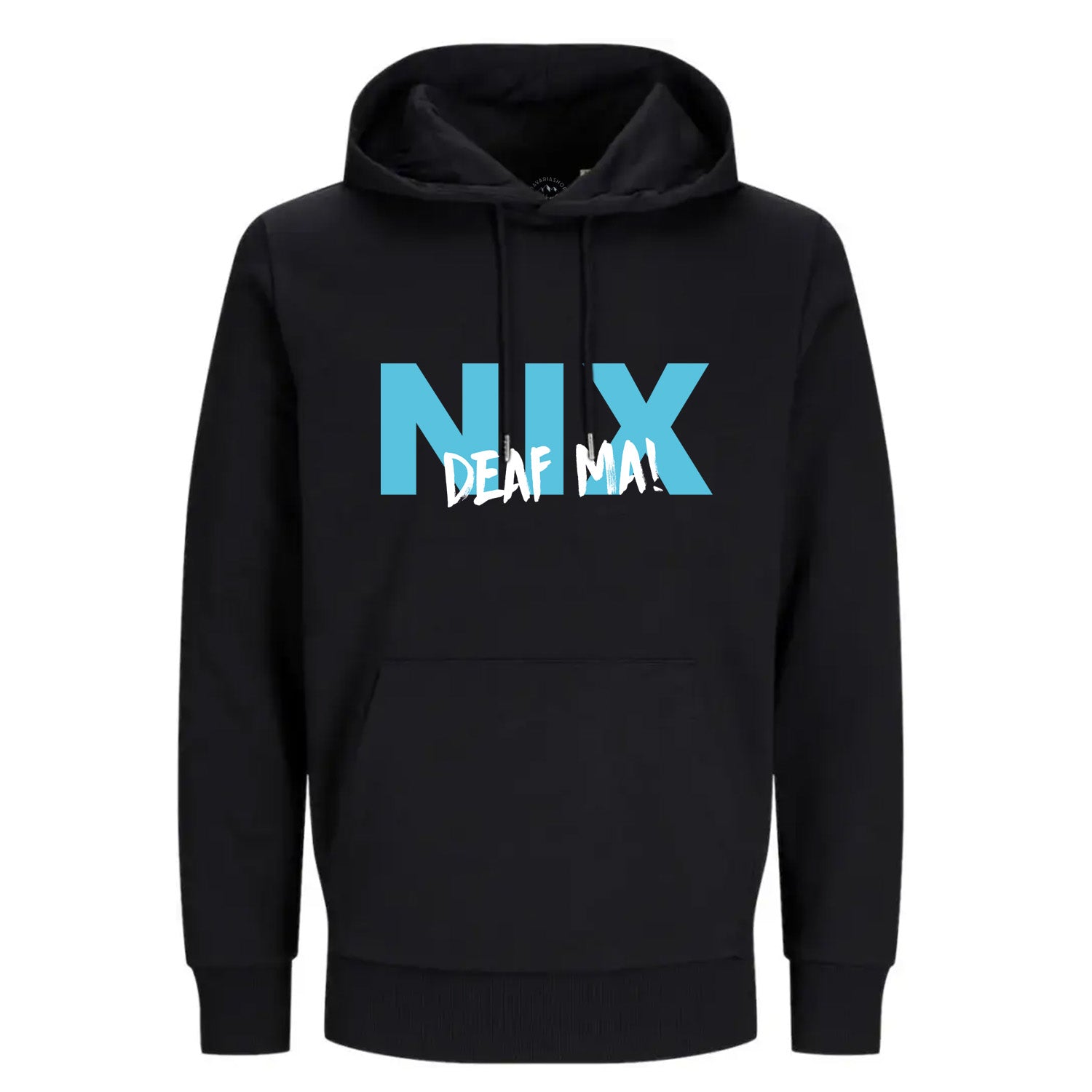 Schwarzer Hoodie Nix deaf ma mit blauer und weißer Aufschrift, Kapuze und Bauchtasche, bequeme Passform