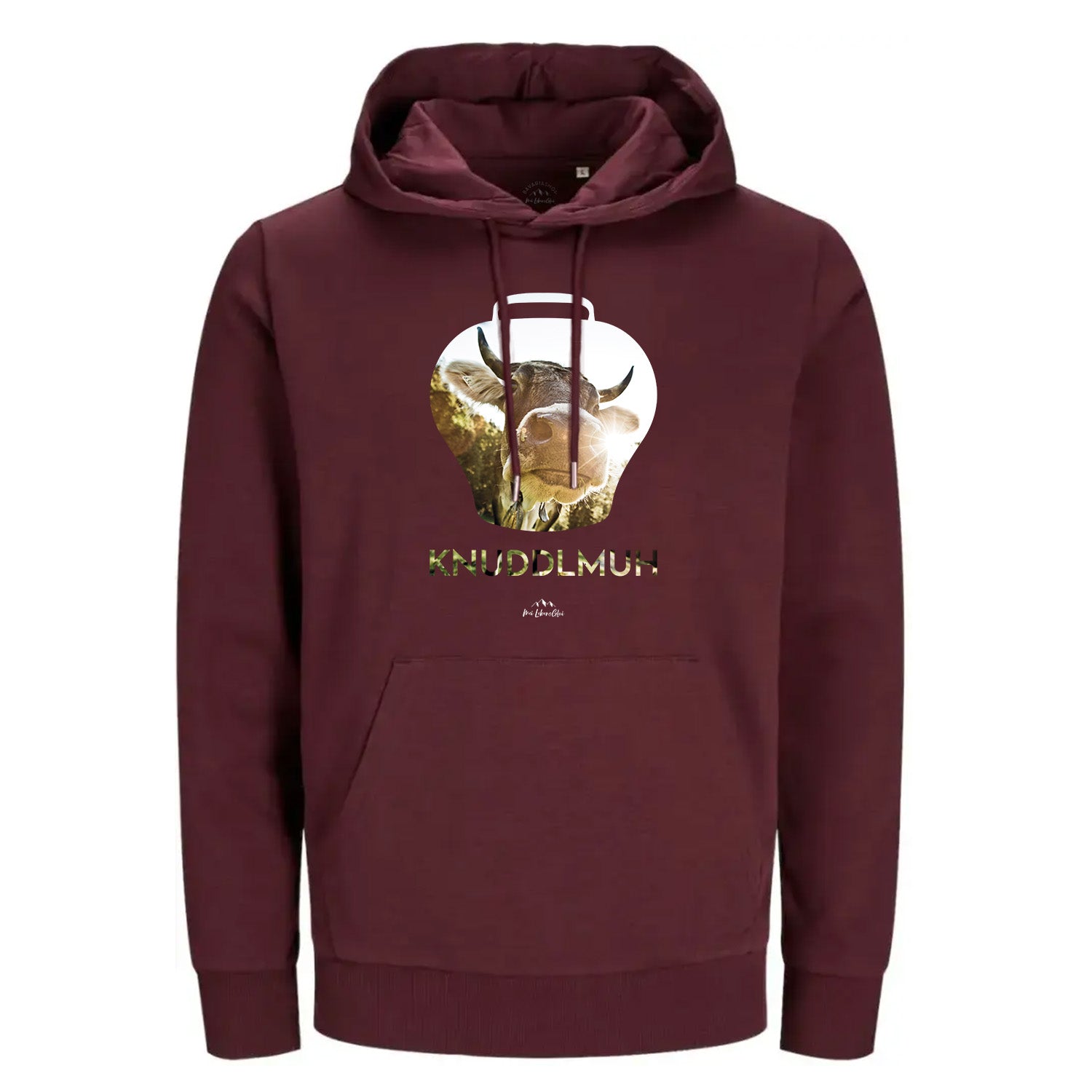Burgunderfarbener Hoodie "Knuddlmuh" mit Kuh im Almglocken-Design, Kapuze und Bauchtasche für Herren und Damen.