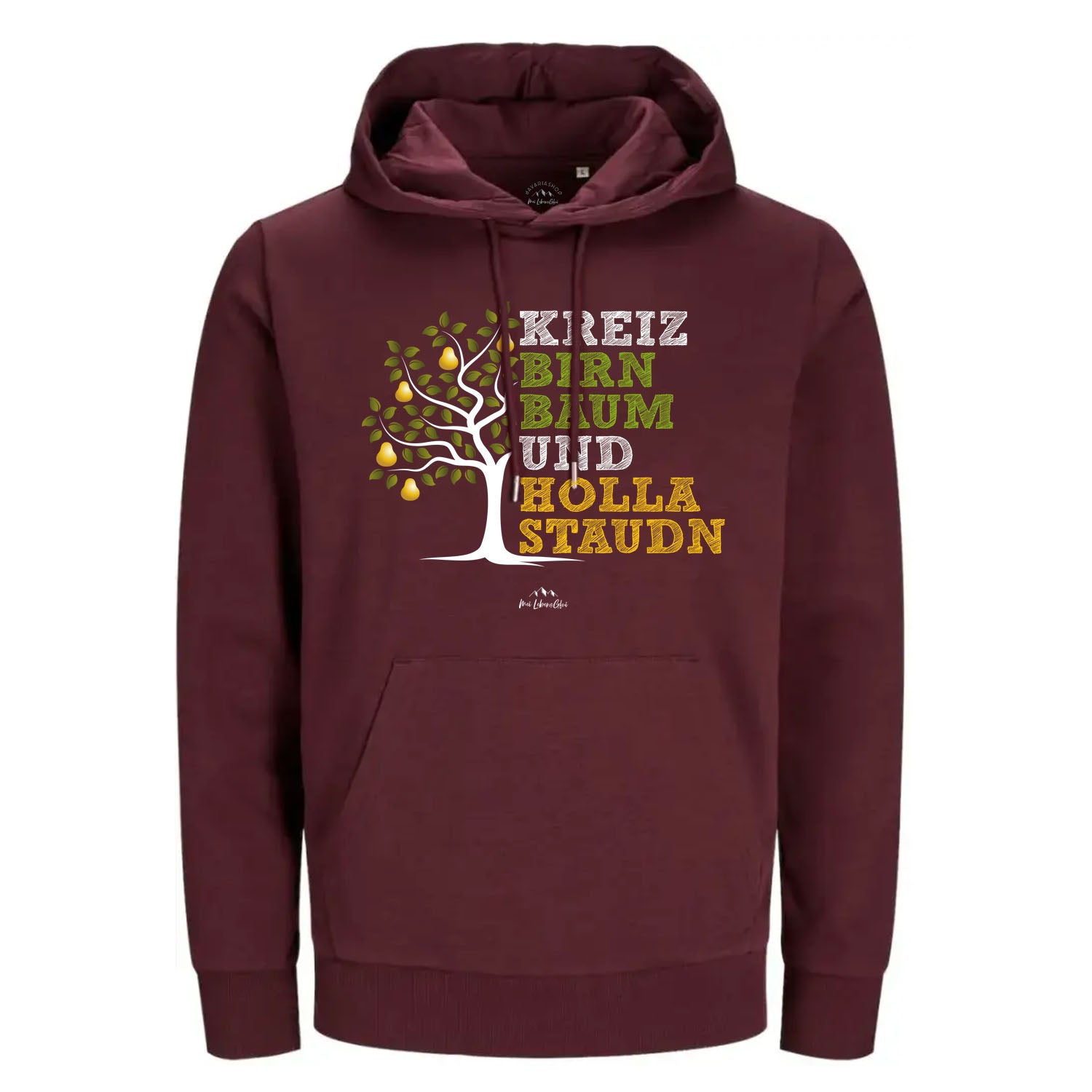 Hoodie Kreizbirnbaum in Weinrot mit Birnbaum-Motiv und Schriftzug vorn