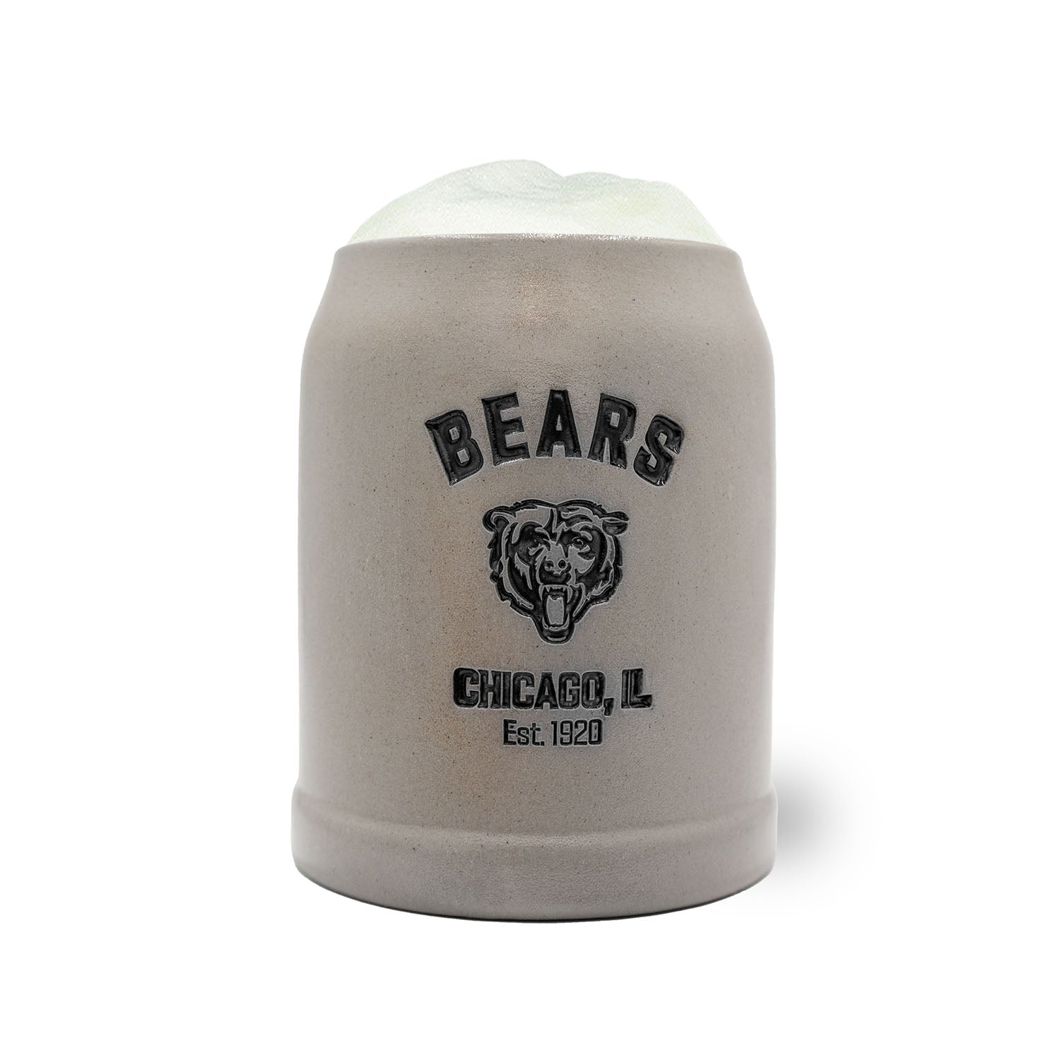 NFL PREMIUM Teamkrug Chicago Bears, grau-beiger Steinkrug mit Wappen, Schriftzug und Schaumkrone.