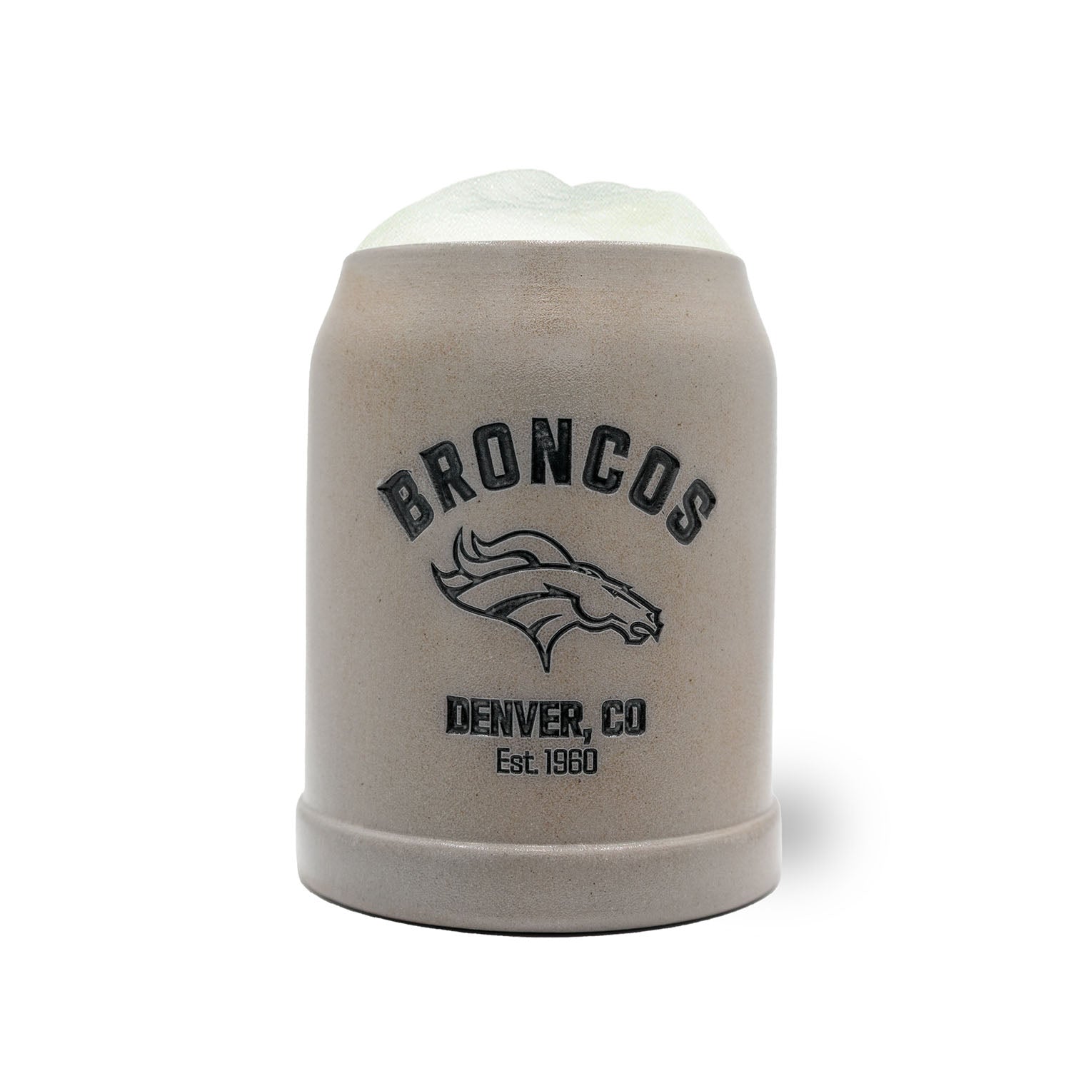 NFL PREMIUM Teamkrug Denver Broncos aus Steinzeug, gefüllt mit Schaum, mit Team-Logo und Schriftzug.