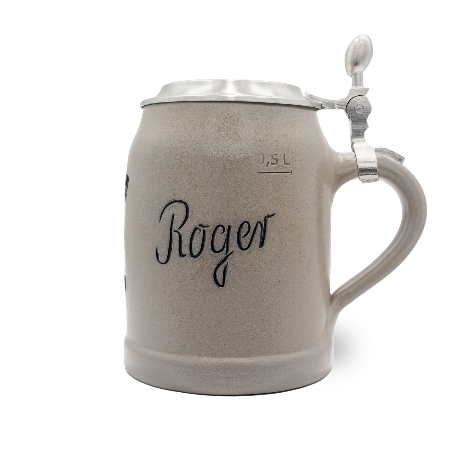 Grauer Steinkrug mit Zinndeckel und schwarzem Roger Schriftzug, 0,5 Liter Maßangabe, Detroit Lions NFL Teamkrug.