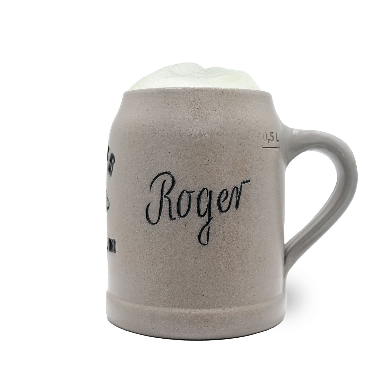 Grauer Keramik NFL PREMIUM Teamkrug Houston Texans mit "Roger" Schriftzug, Henkel und Schaumfüllung.
