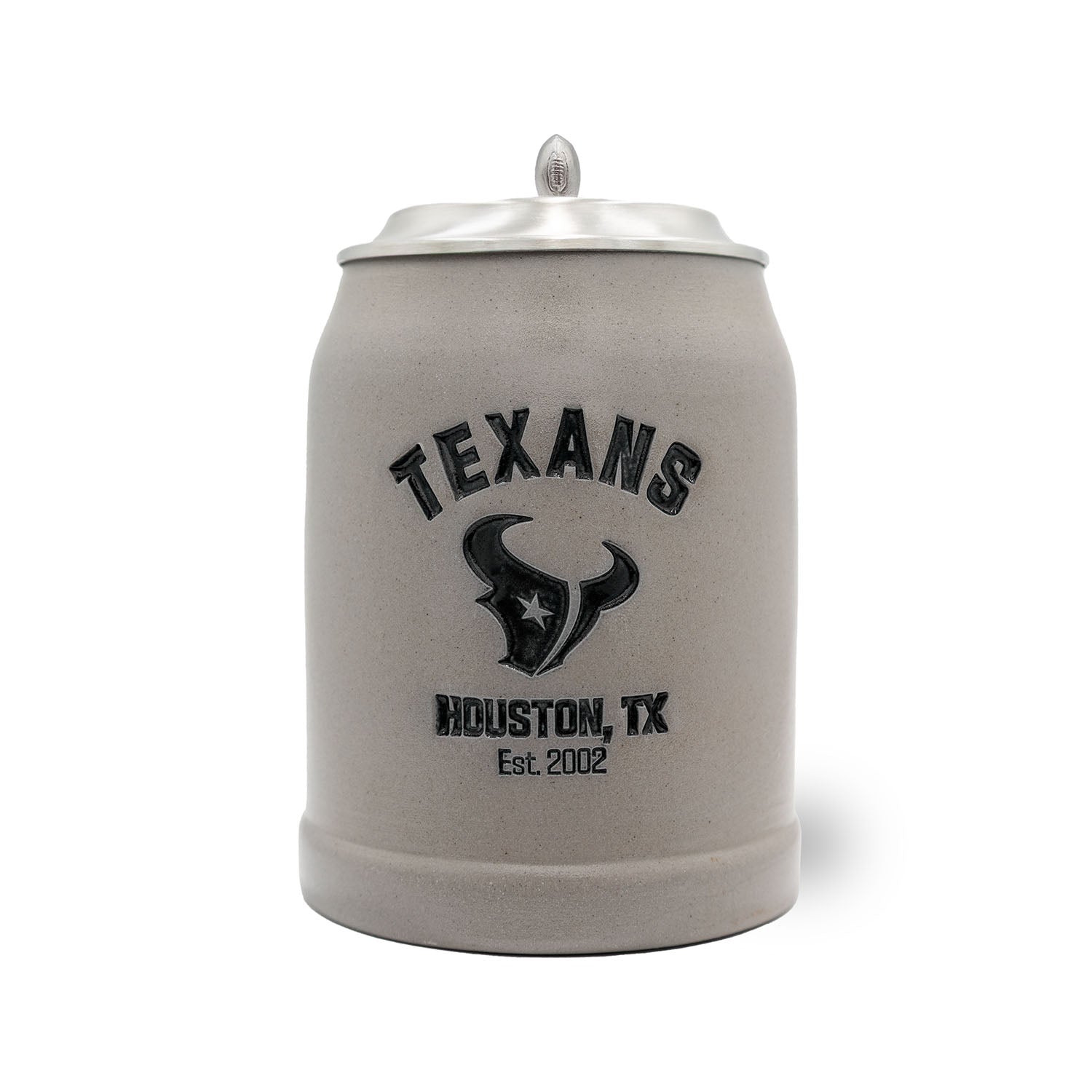 Grauer NFL PREMIUM Teamkrug Houston Texans mit geprägtem Logo und Schriftzug, Zinndeckel mit Football-Griff.