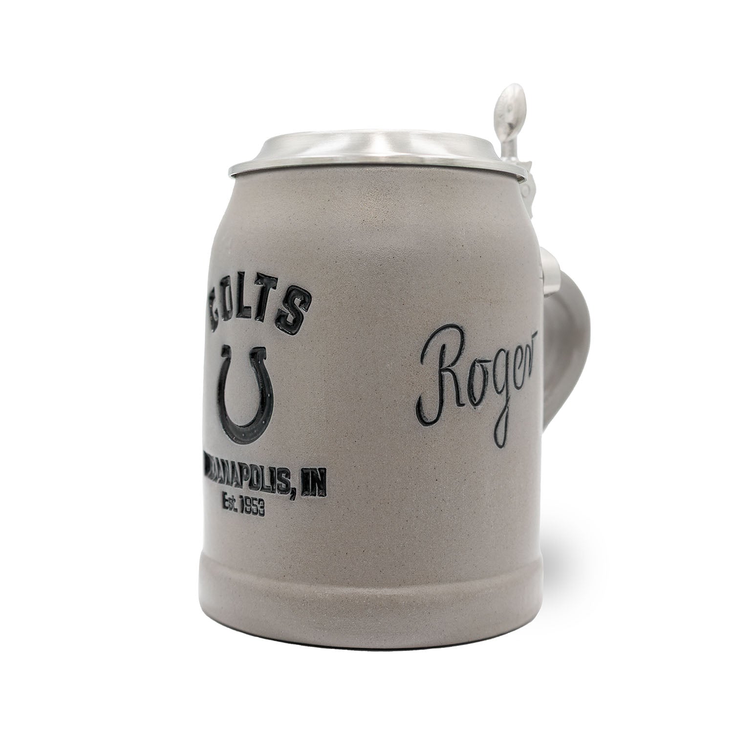 ®NFL PREMIUM Teamkrug Indianapolis Colts, grauer Steinkrug mit schwarzem Vereinslogo und Zinndeckel