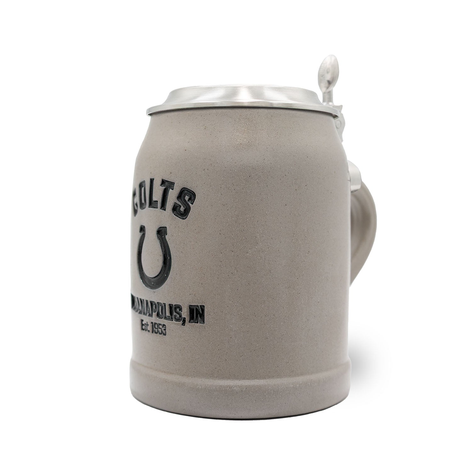 Grauer NFL PREMIUM Teamkrug der Indianapolis Colts aus Steinzeug mit Zinn-Deckel und Logo-Prägung