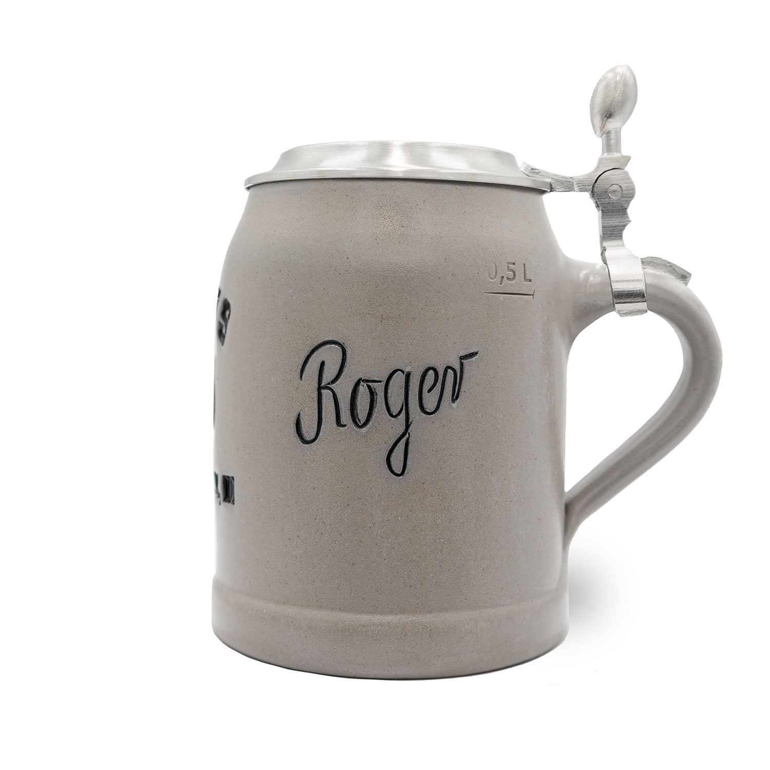 Grauer NFL PREMIUM Teamkrug Indianapolis Colts aus Steinzeug mit Zinndeckel und Gravur "Roger".