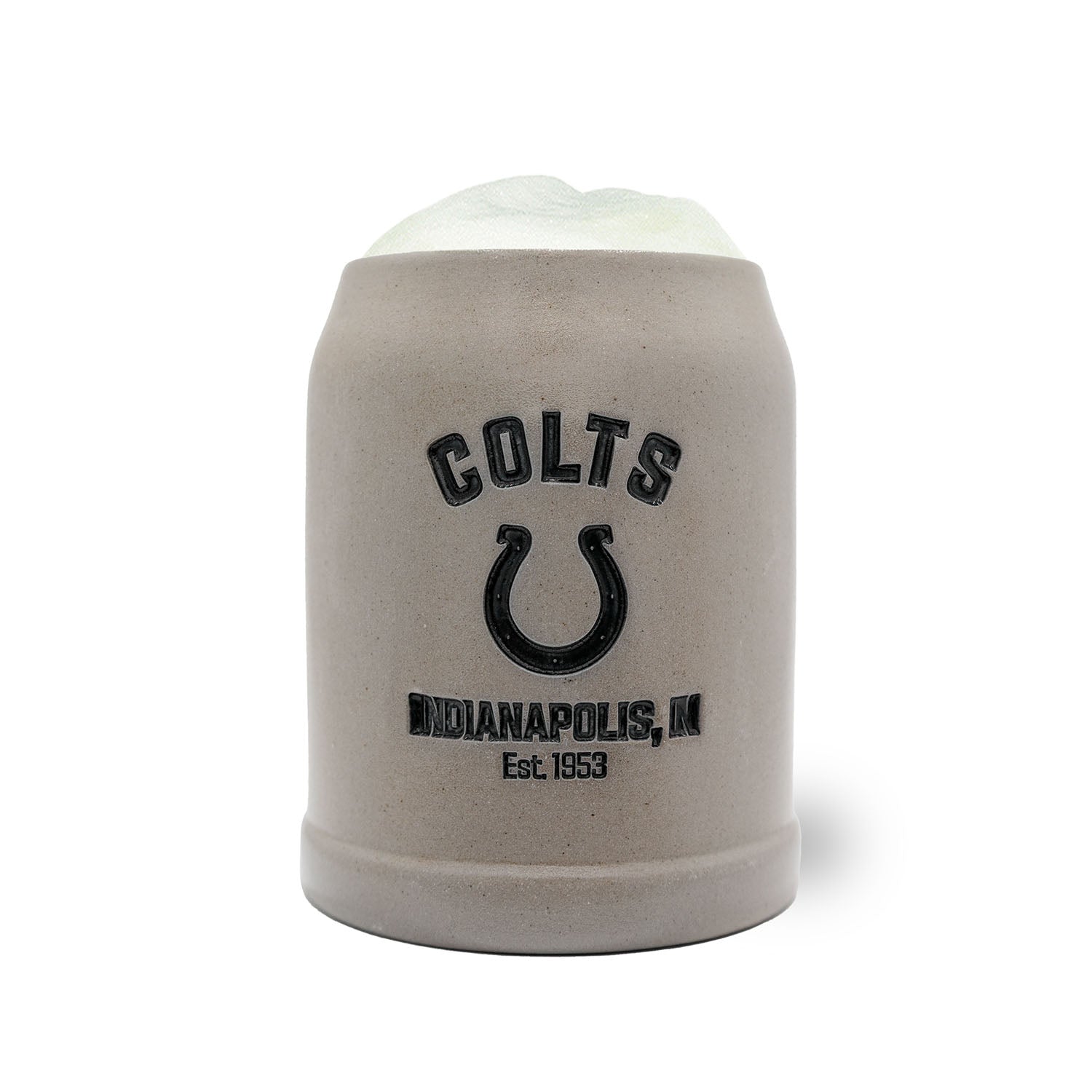 Premium NFL-Teamkrug Indianapolis Colts, grauer Steinkrug mit schwarzem Teamlogo und Schriftzug, gefüllt.