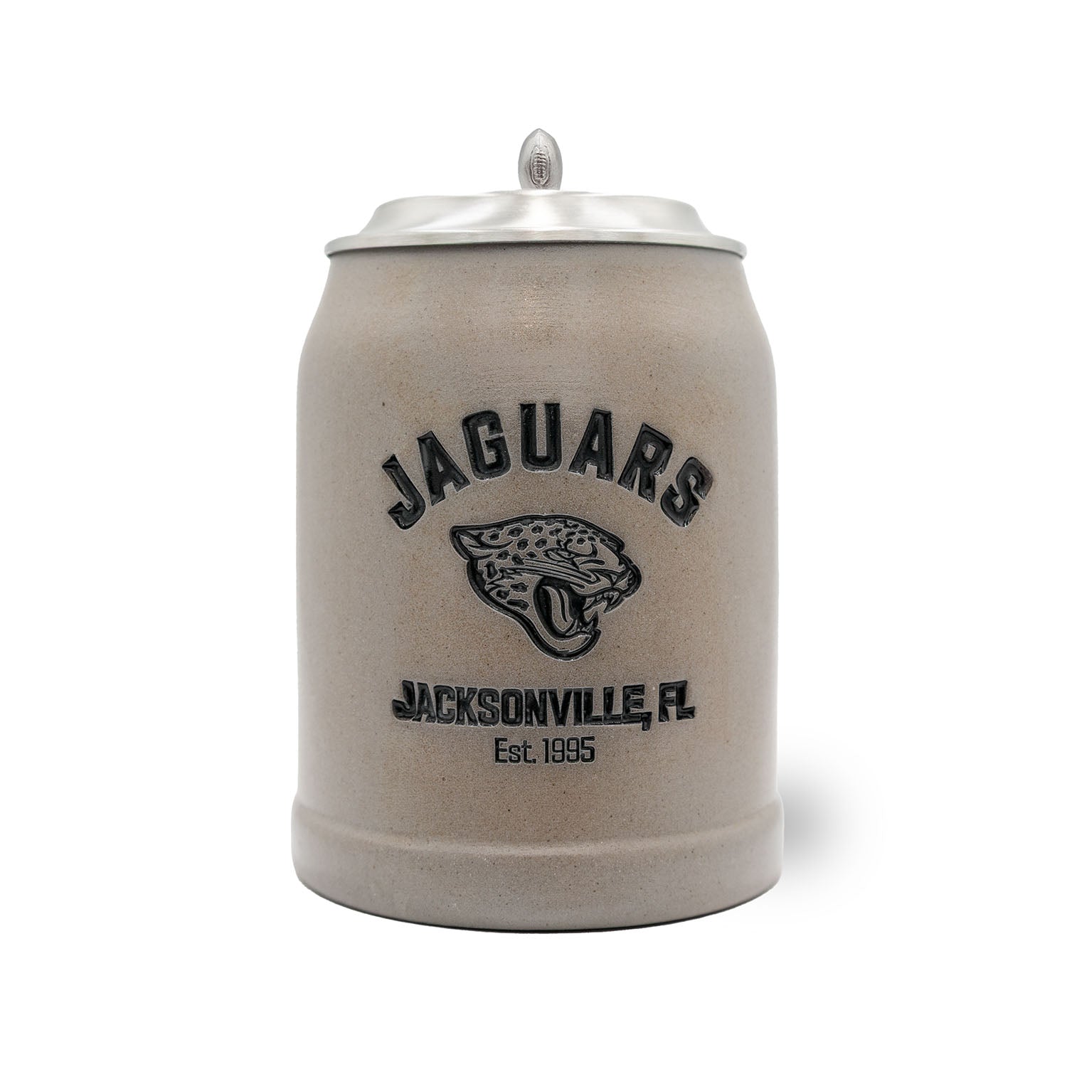 Grauer Steingut ®NFL PREMIUM Teamkrug Jacksonville Jaguars mit Wappen und Zinndeckel, Football-Detail
