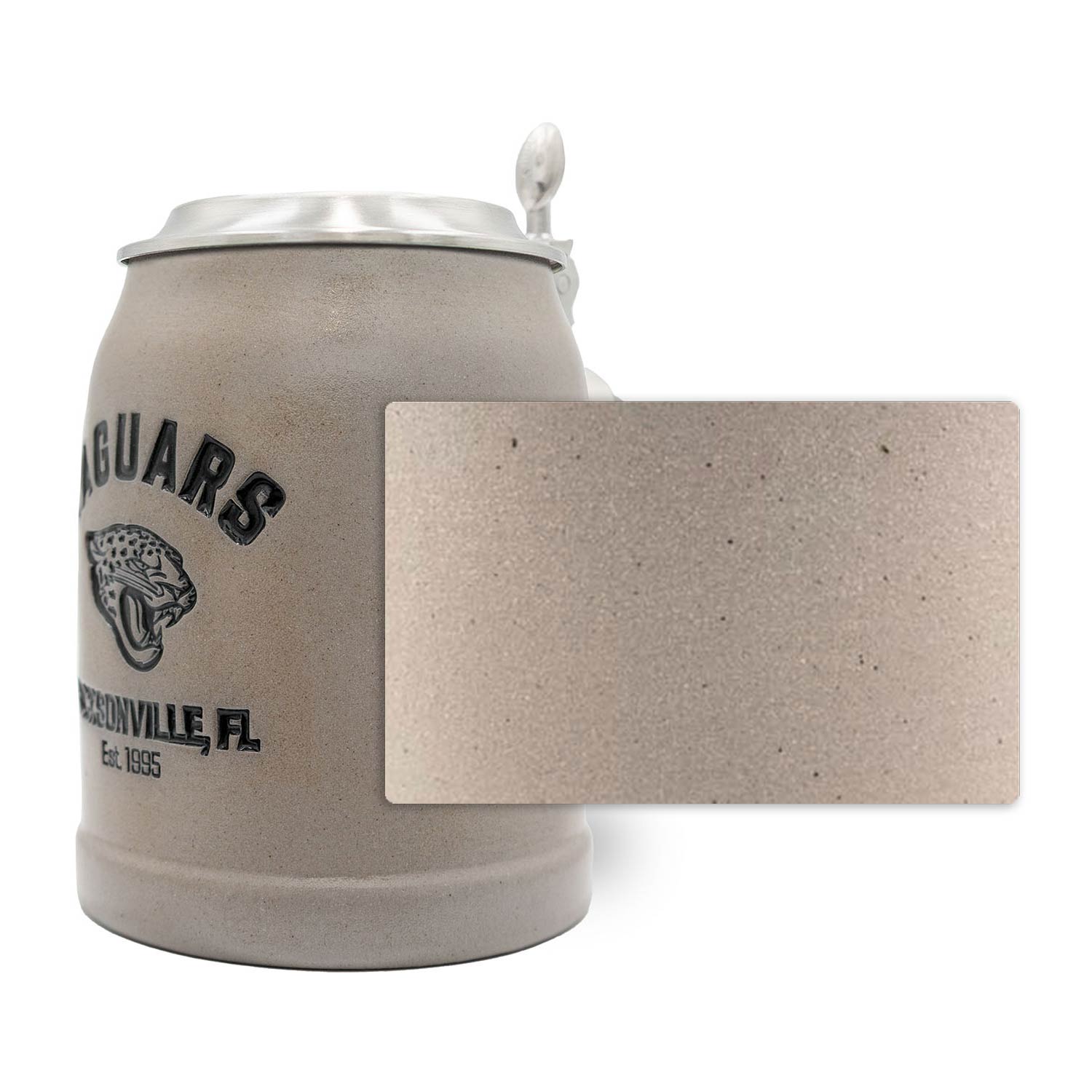 Grauer NFL PREMIUM Teamkrug Jacksonville Jaguars aus Steinzeug mit Zinndeckel und Relief-Logo.