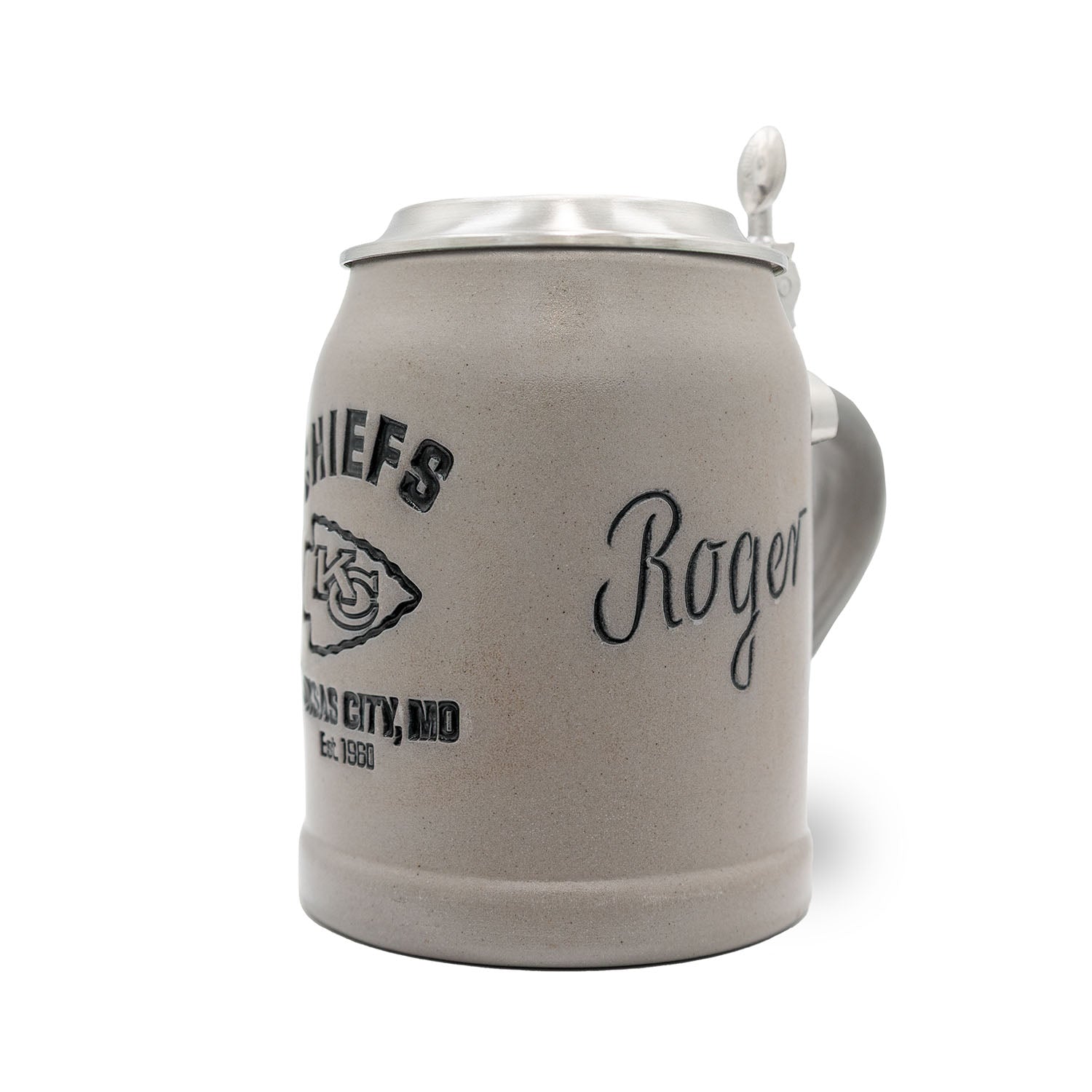 NFL PREMIUM Teamkrug Kansas City Chiefs aus Steingut, mit Zinndeckel und Gravur Roger