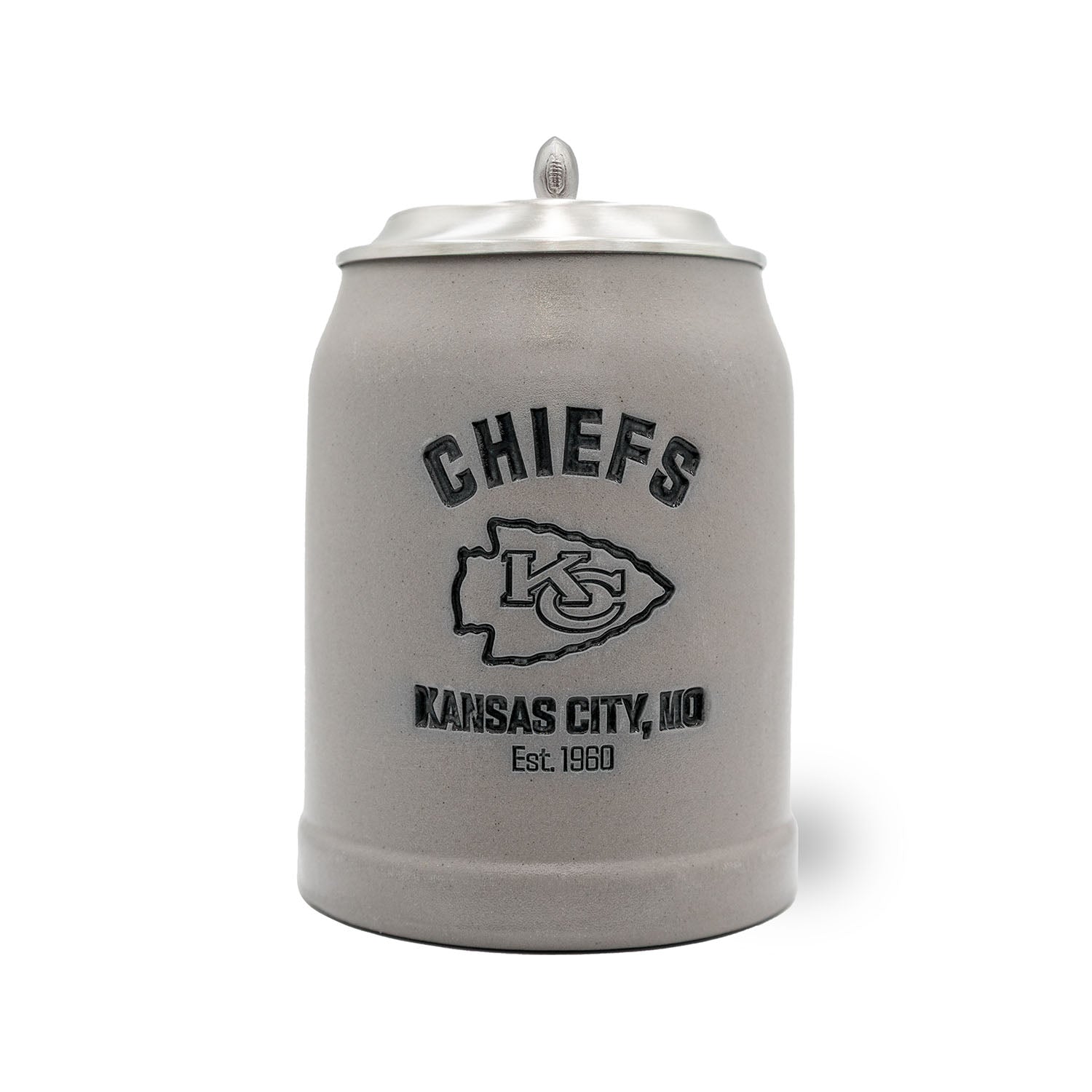 Grauer NFL PREMIUM Teamkrug Kansas City Chiefs mit Zinndeckel und mattem Finish.