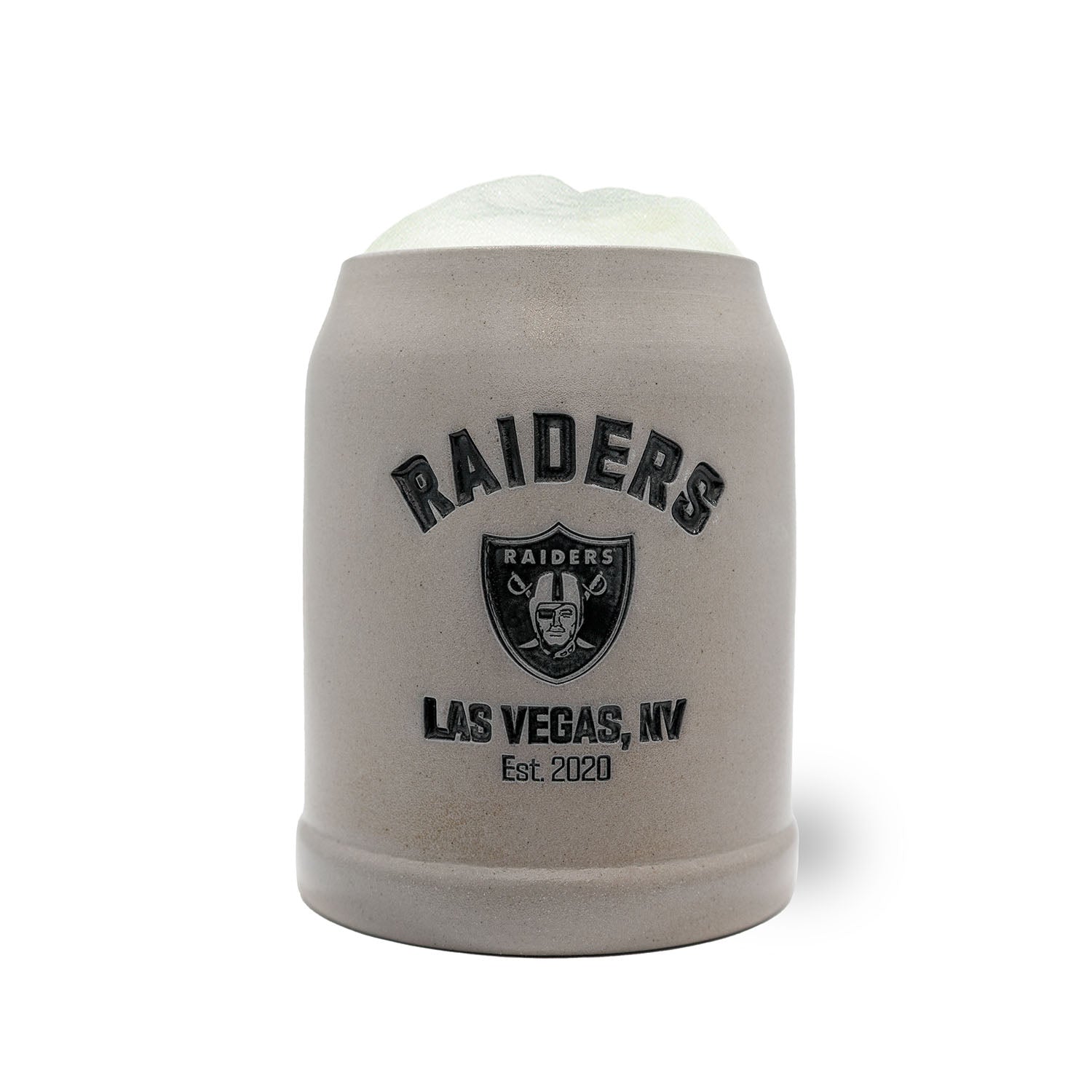 NFL PREMIUM Teamkrug Las Vegas Raiders aus Steingut, grau mit schwarzem Logo und Aufschrift.