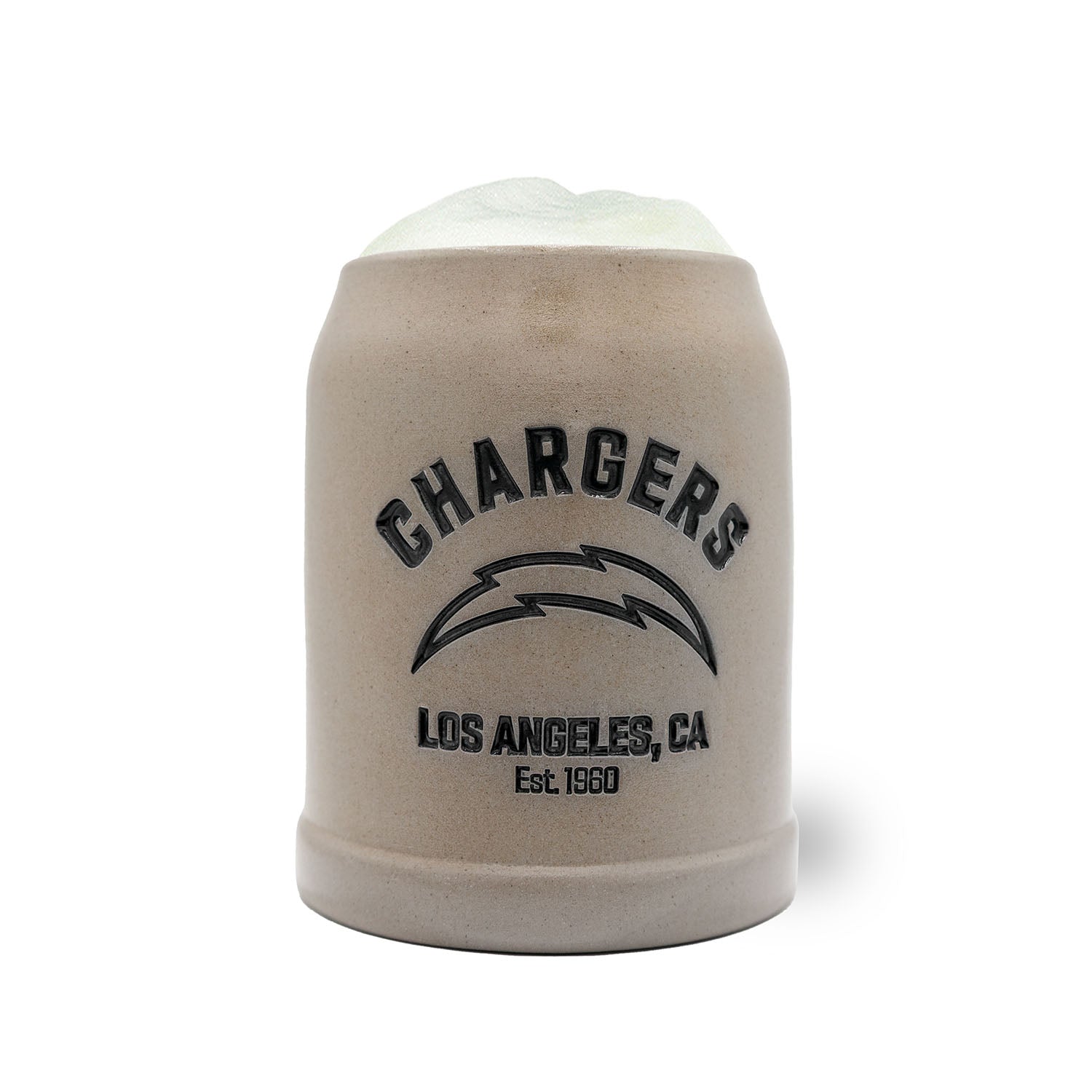 NFL PREMIUM Teamkrug Los Angeles Chargers aus Keramik, gefüllt mit Bier und Schaum