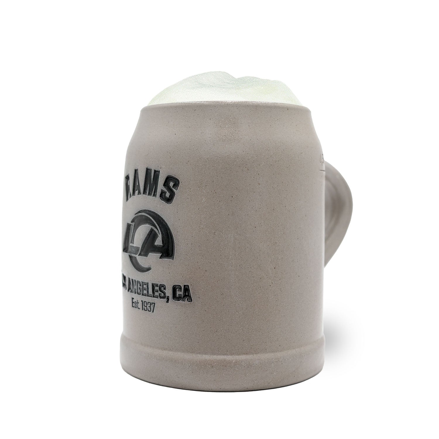 Grauer NFL Premium Teamkrug Los Angeles Rams mit Vereinslogo in Schwarz und Schaumkrone, Keramik.