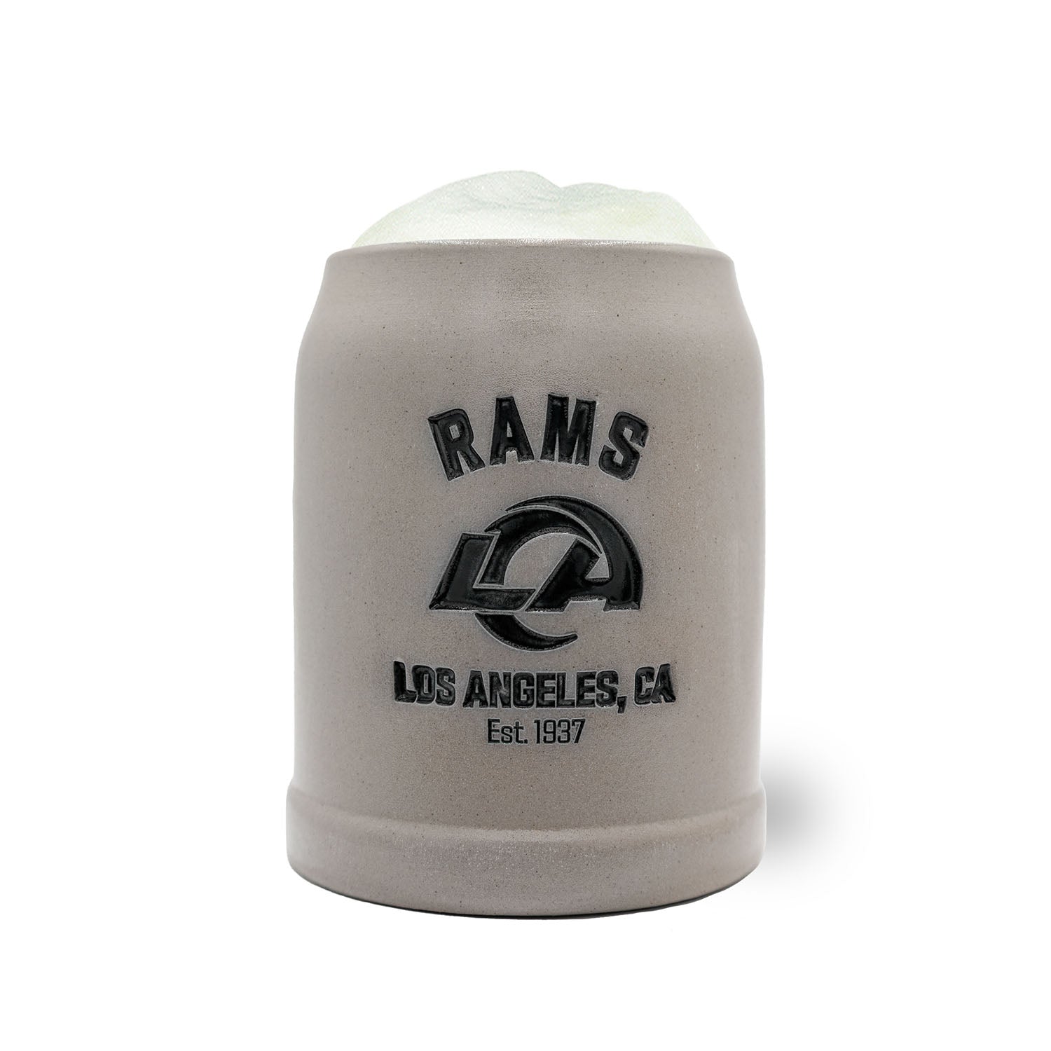 Grauer NFL PREMIUM Teamkrug Los Angeles Rams aus Keramik mit schwarzem Teamlogo und Schriftzug auf schlichtem Hintergrund.