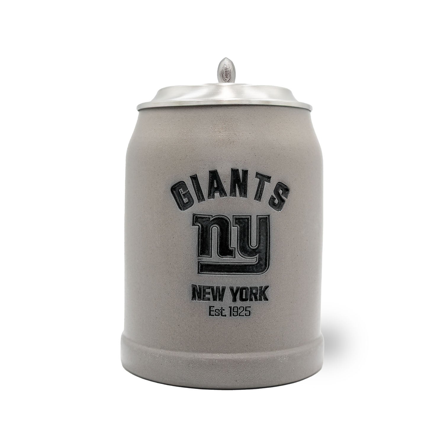 NFL PREMIUM Teamkrug New York Giants, grauer Steinkrug mit schwarzem Logo und Zinndeckel mit Football-Knauf.