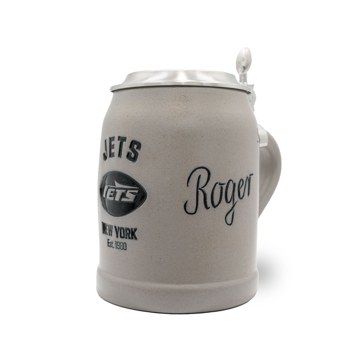 NFL PREMIUM Teamkrug New York Jets aus grauem Steinzeug mit Zinndeckel und Gravur Roger