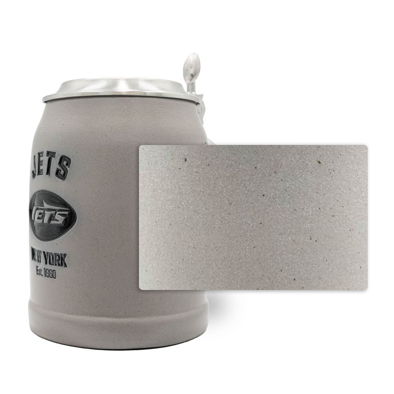 NFL PREMIUM Teamkrug New York Jets aus grauem Ton mit Zinndeckel und rauer Textur.