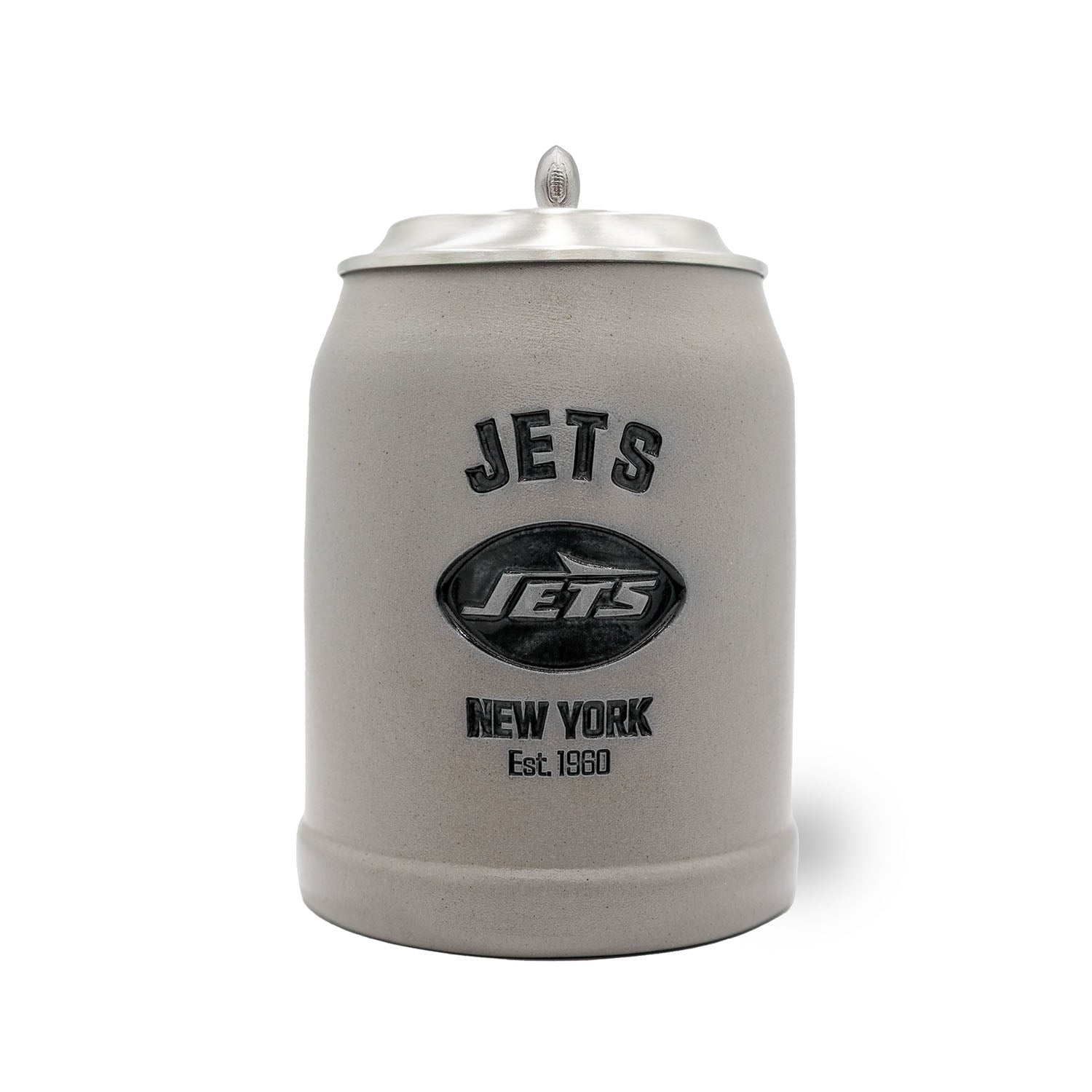 NFL PREMIUM Teamkrug New York Jets aus grauem Steingut mit detailliertem Zinndeckel und Logo