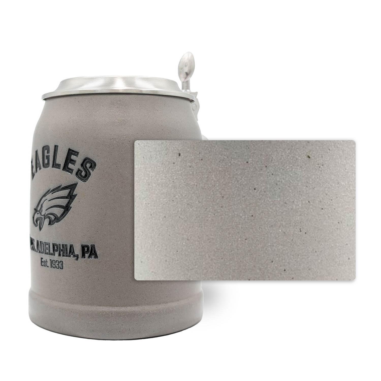 Grauer®NFL PREMIUM Teamkrug Philadelphia Eagles mit detailliertem Vereinslogo, Text und Zinnverschluss.