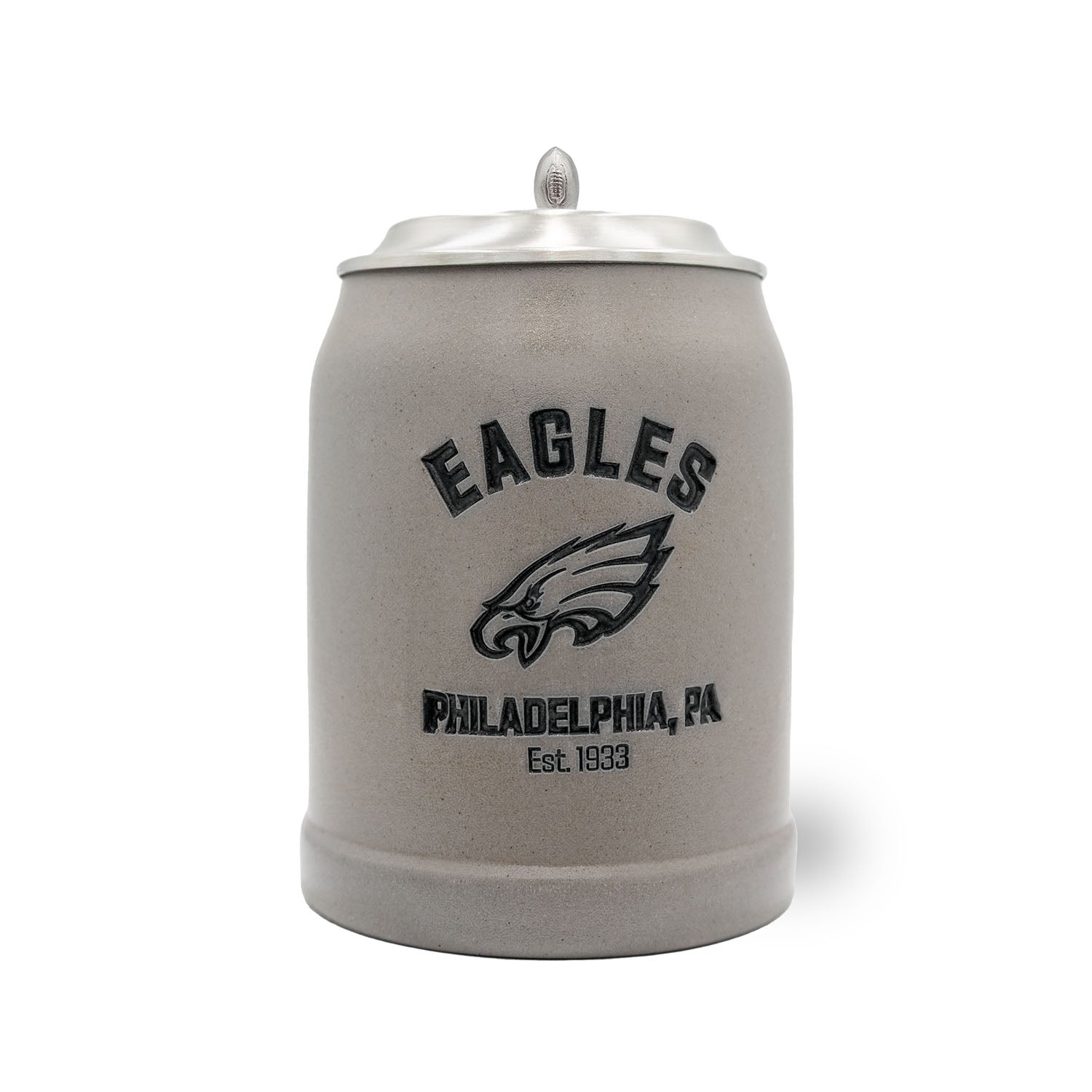NFL PREMIUM Teamkrug Philadelphia Eagles aus Steingut mit Zinndeckel und Logo im Vordergrund.
