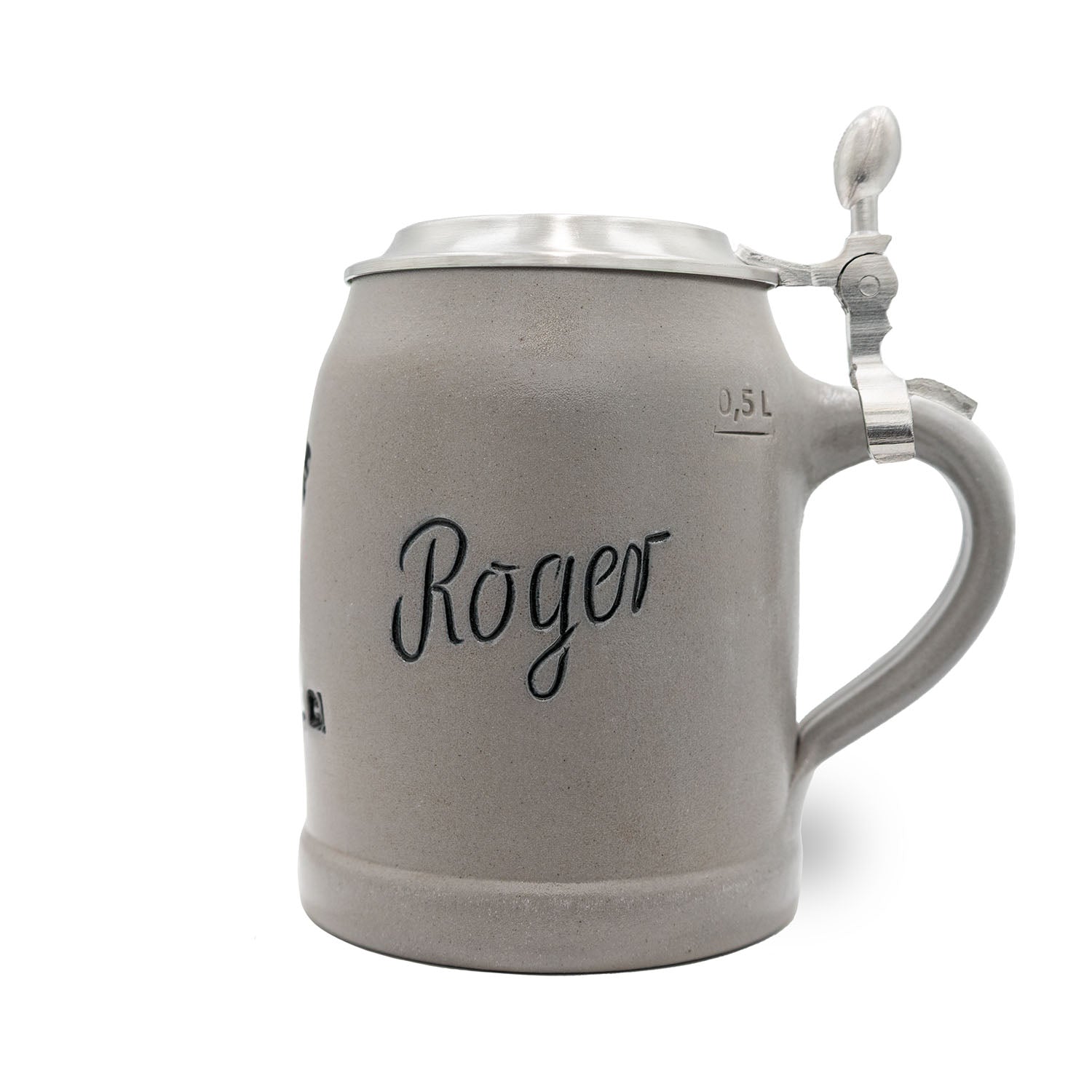 Graufarbener Bierkrug, ®NFL PREMIUM Teamkrug San Francisco 49ers mit Zinndeckel und Henkel, 0,5 Liter Markierung.