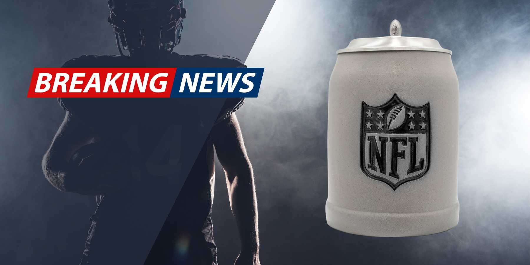 Silberner NFL Bierkrug mit Football-Relief und Zinndeckel vor düsterem Hintergrund mit Rauch.