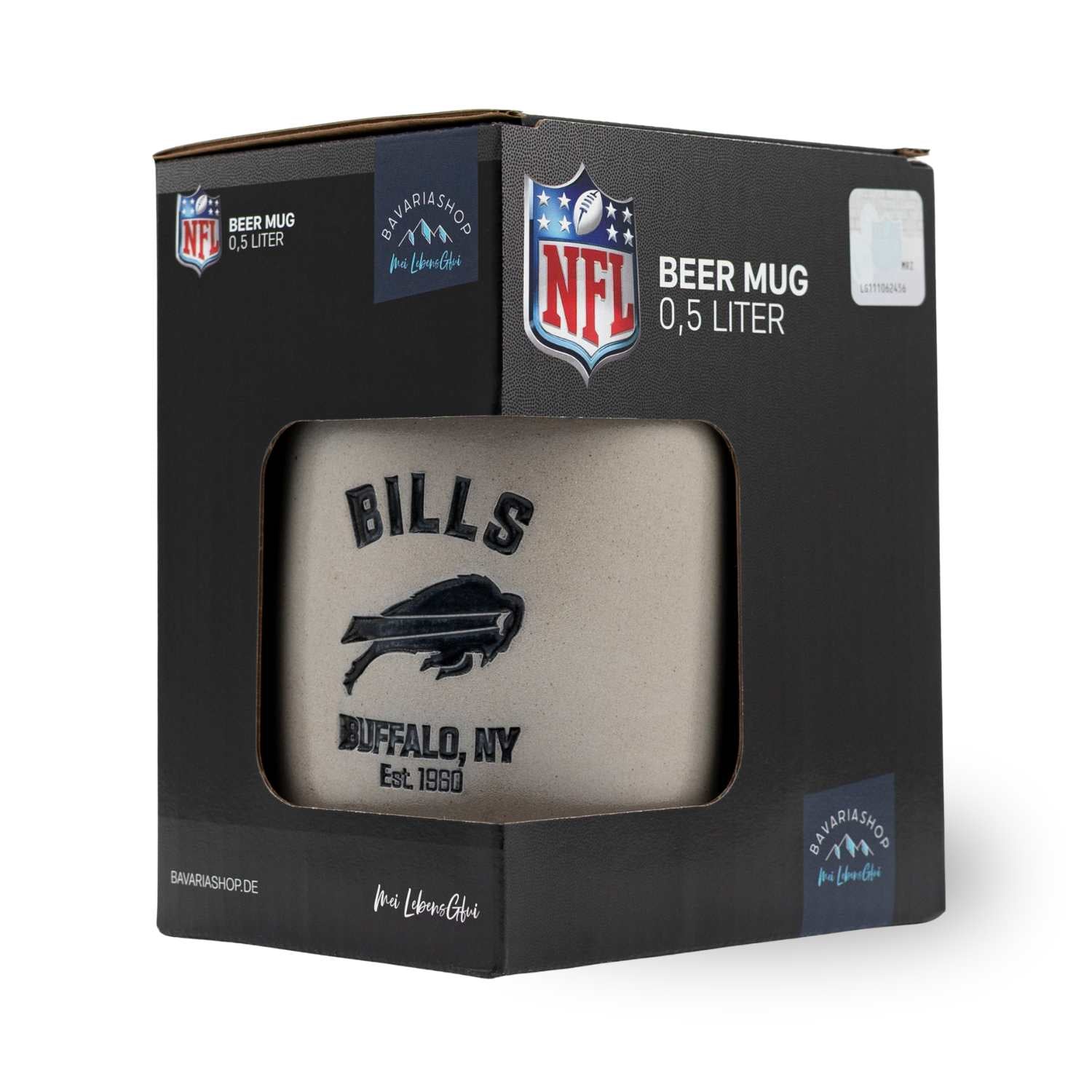 NFL PREMIUM Teamkrug Buffalo Bills in Verpackung. Der Keramikkrug zeigt das Bills Logo und Schriftzug.